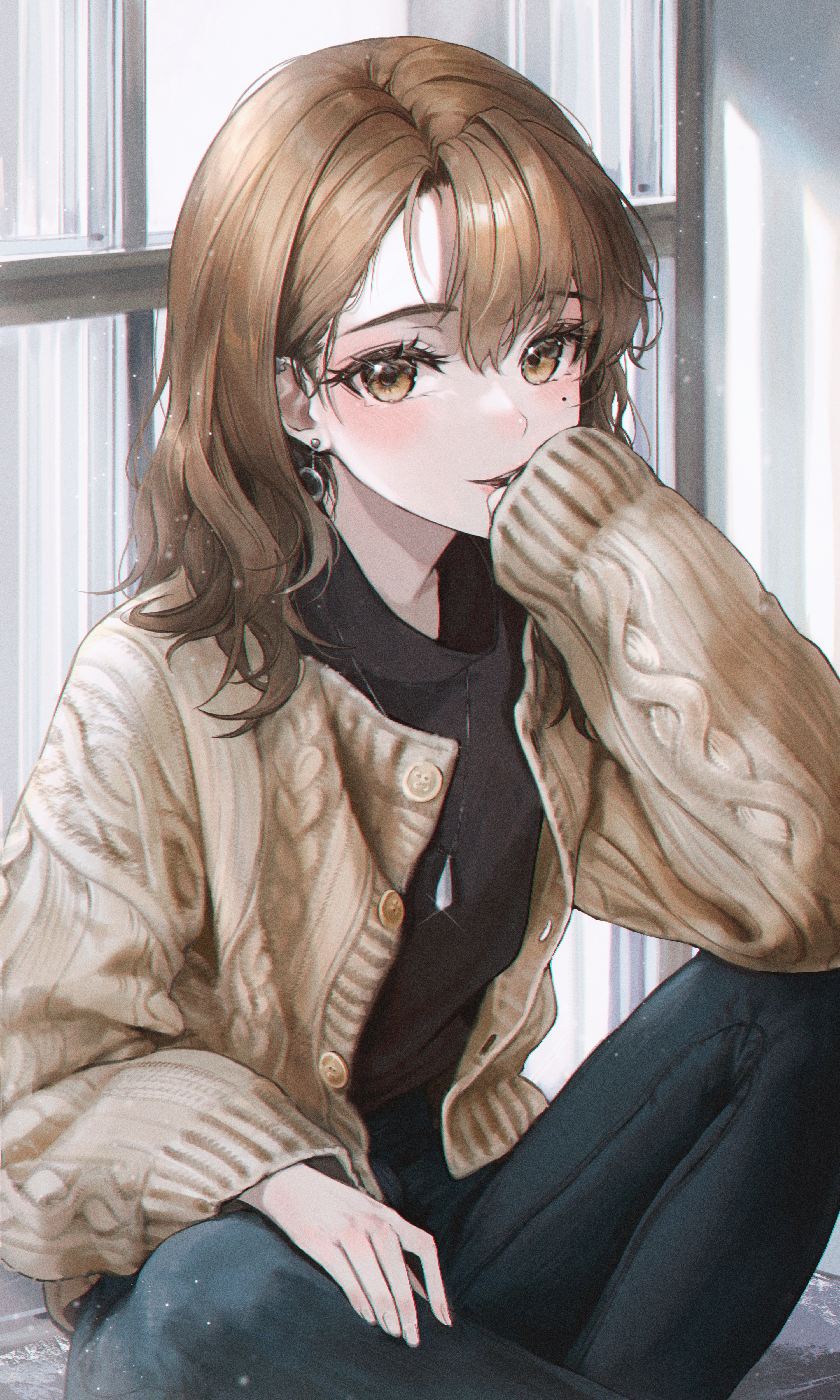 Brunette girl with yellow eyes wearing a sweater HD Phone Wallpaper