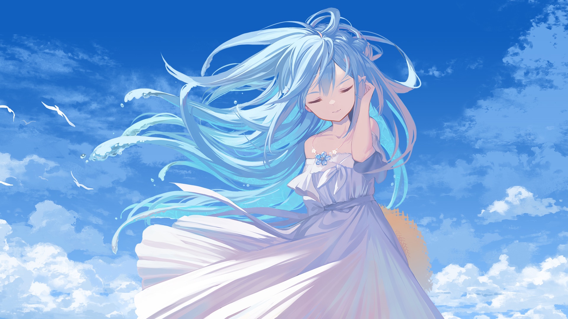 Ritsuki with long blue hair in the sky HD Wallpaper
