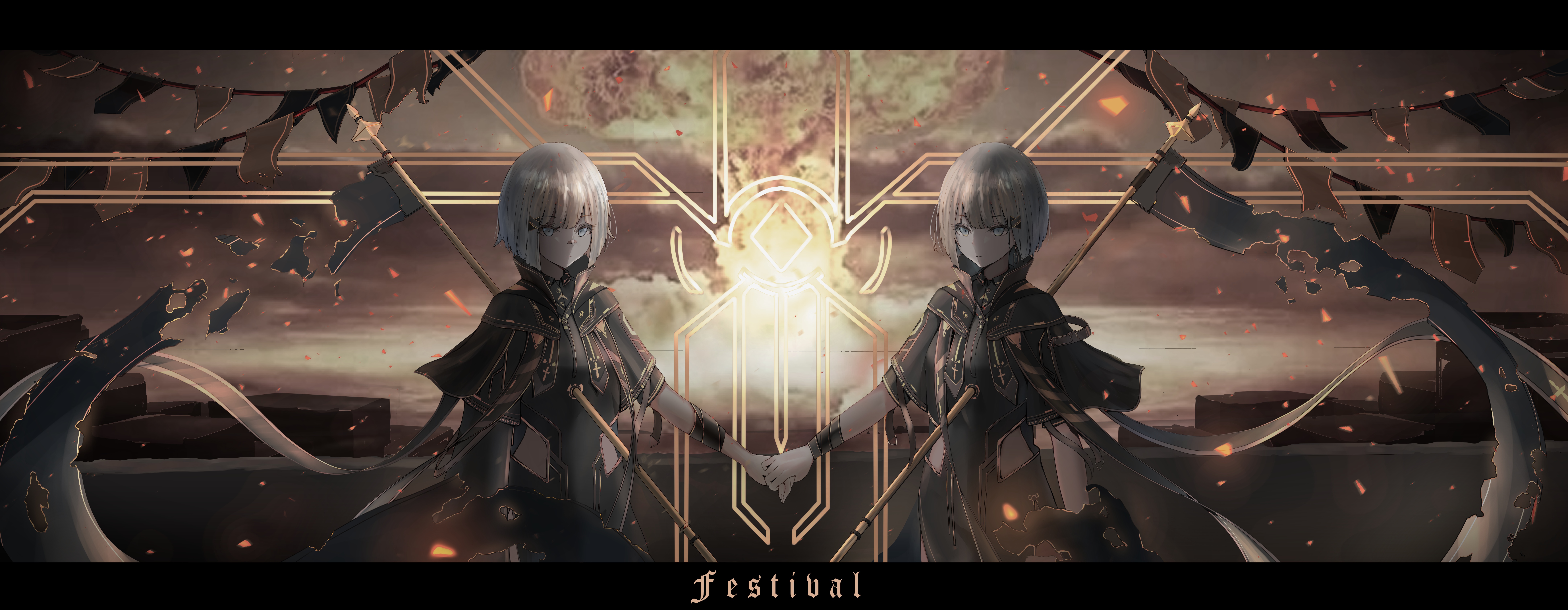 4K Festival: Two girls holding hands with explosion background HD Wallpaper