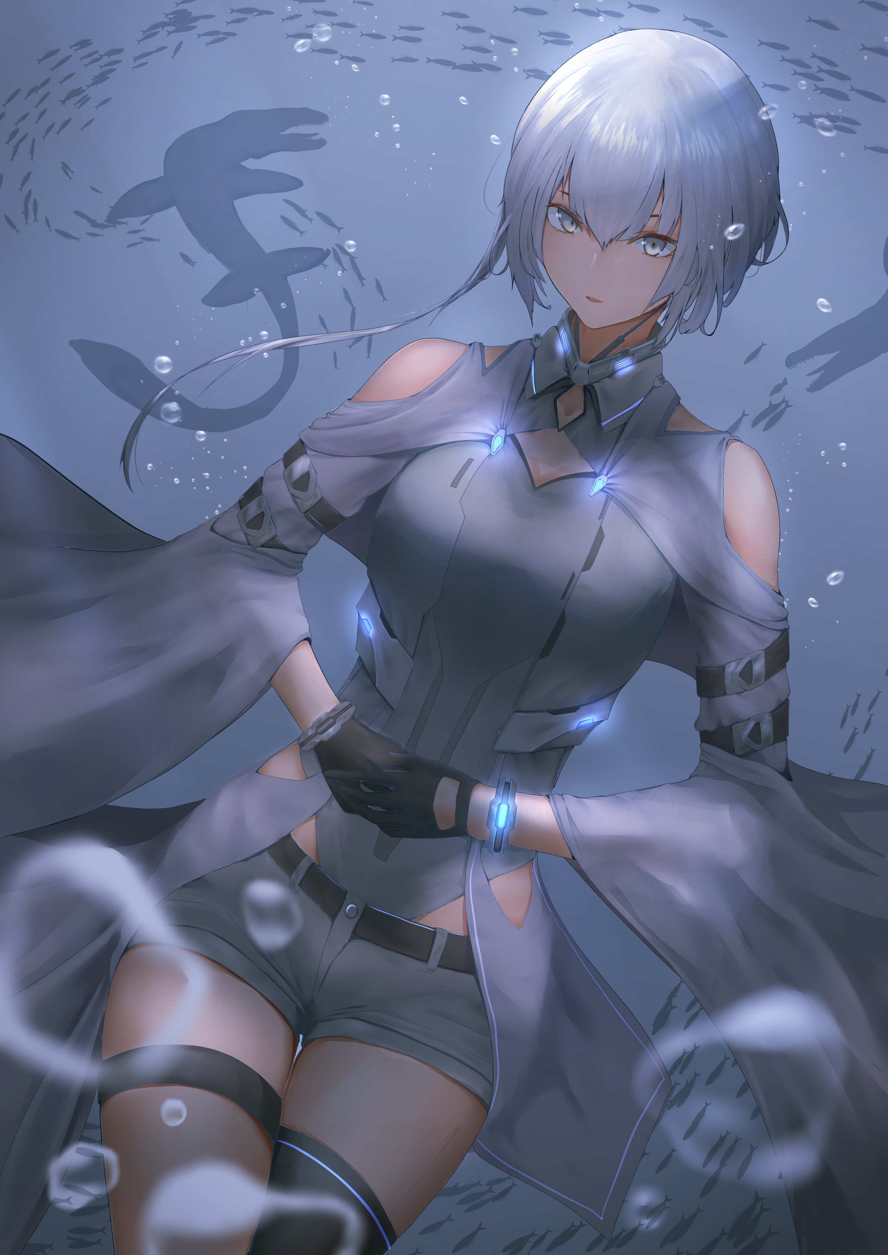 Anime girl with silver hair underwater with fish HD Phone Wallpaper