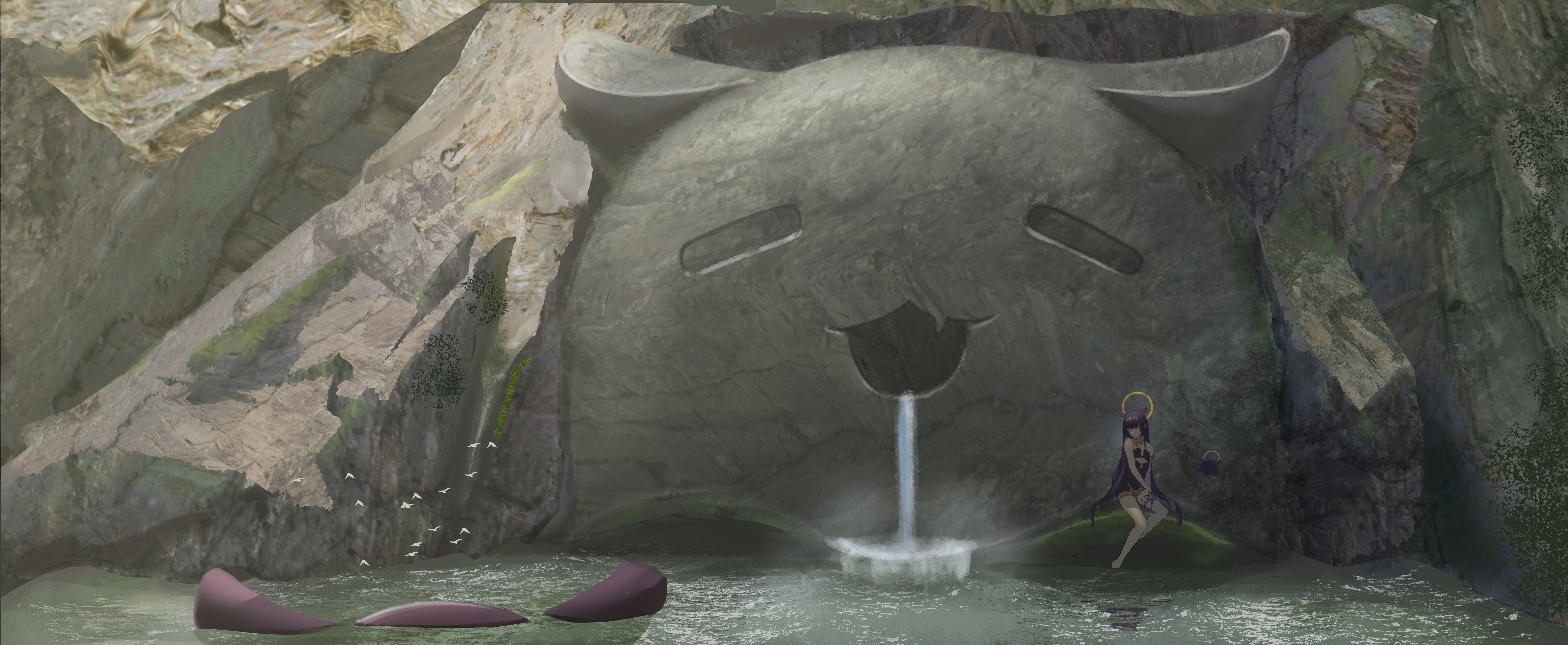Ninomae Inanis and Takodachi statue with waterfall HD Wallpaper