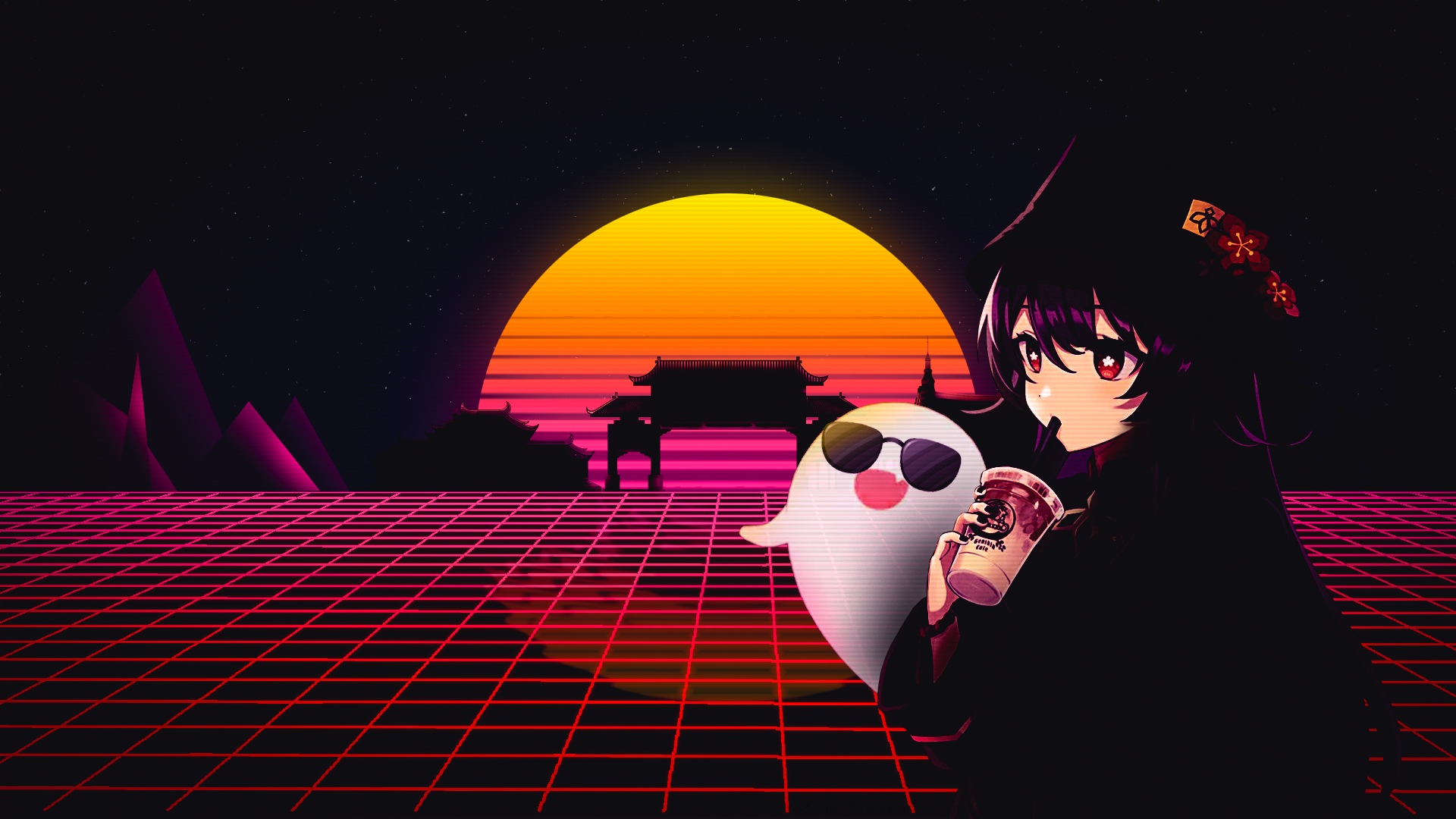 Hu Tao and Ghost in Synthwave Sunset HD Wallpaper