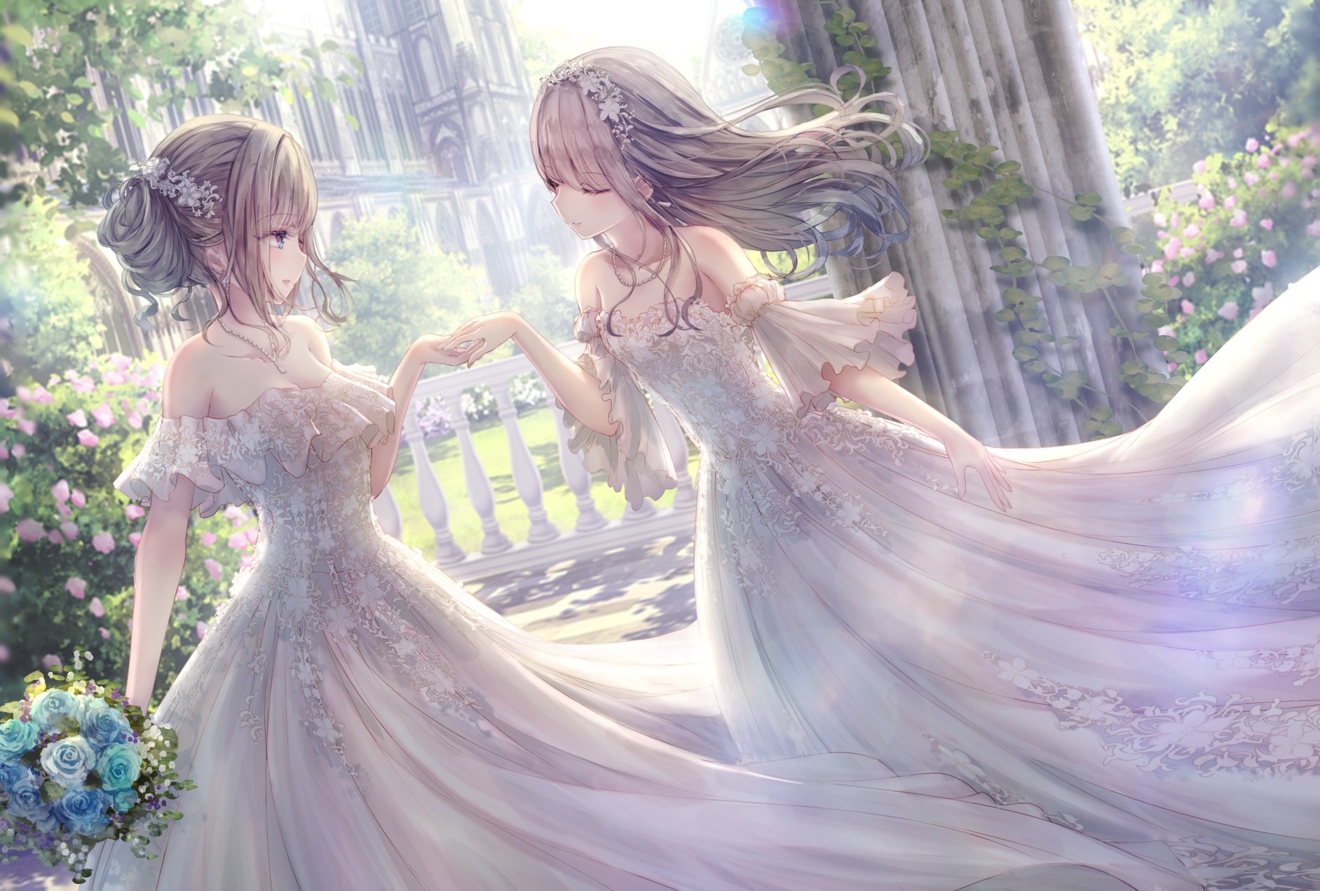 Two brides in wedding dresses holding hands in a garden HD Wallpaper