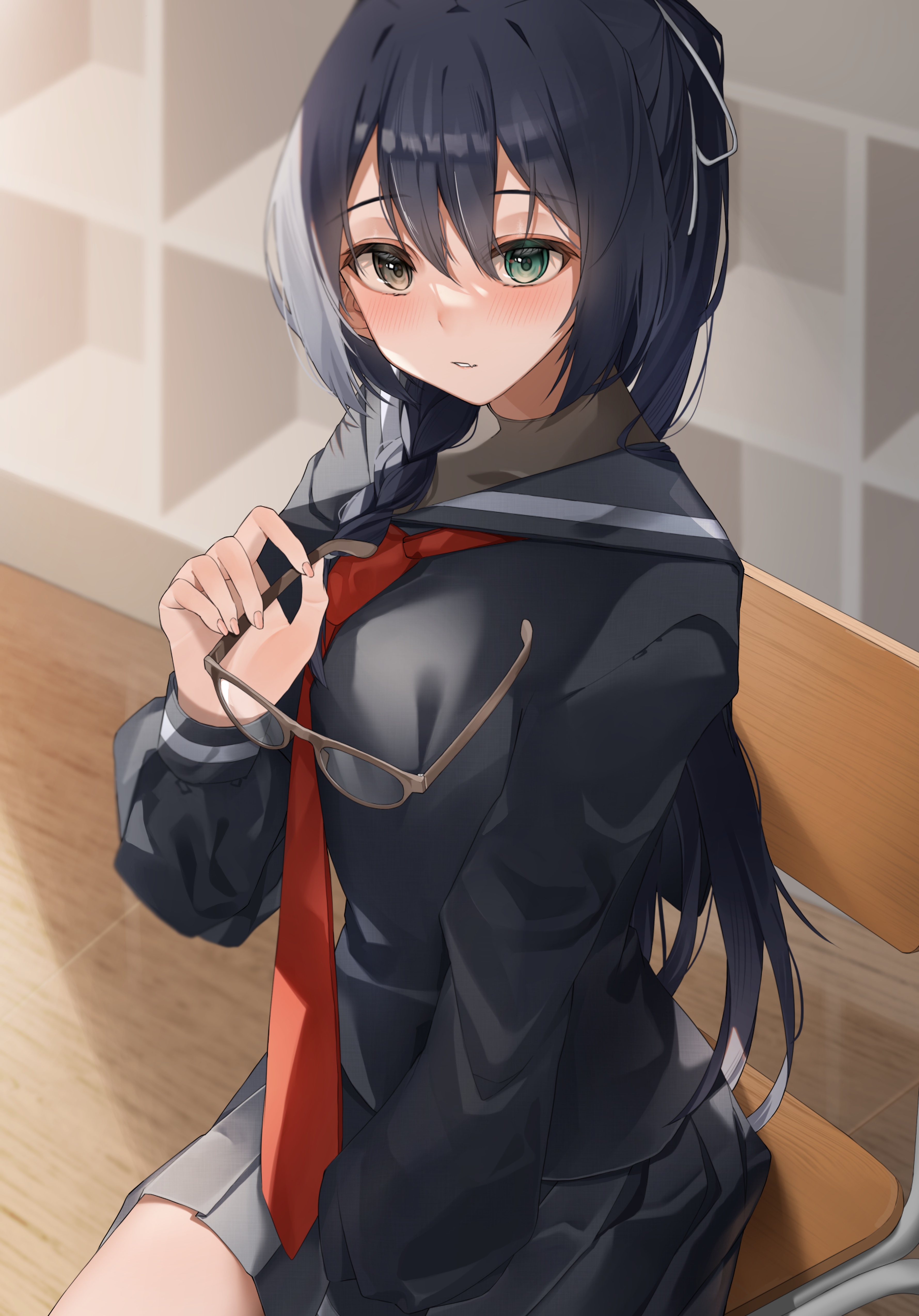 Anime girl with heterochromia holding glasses HD Phone Wallpaper