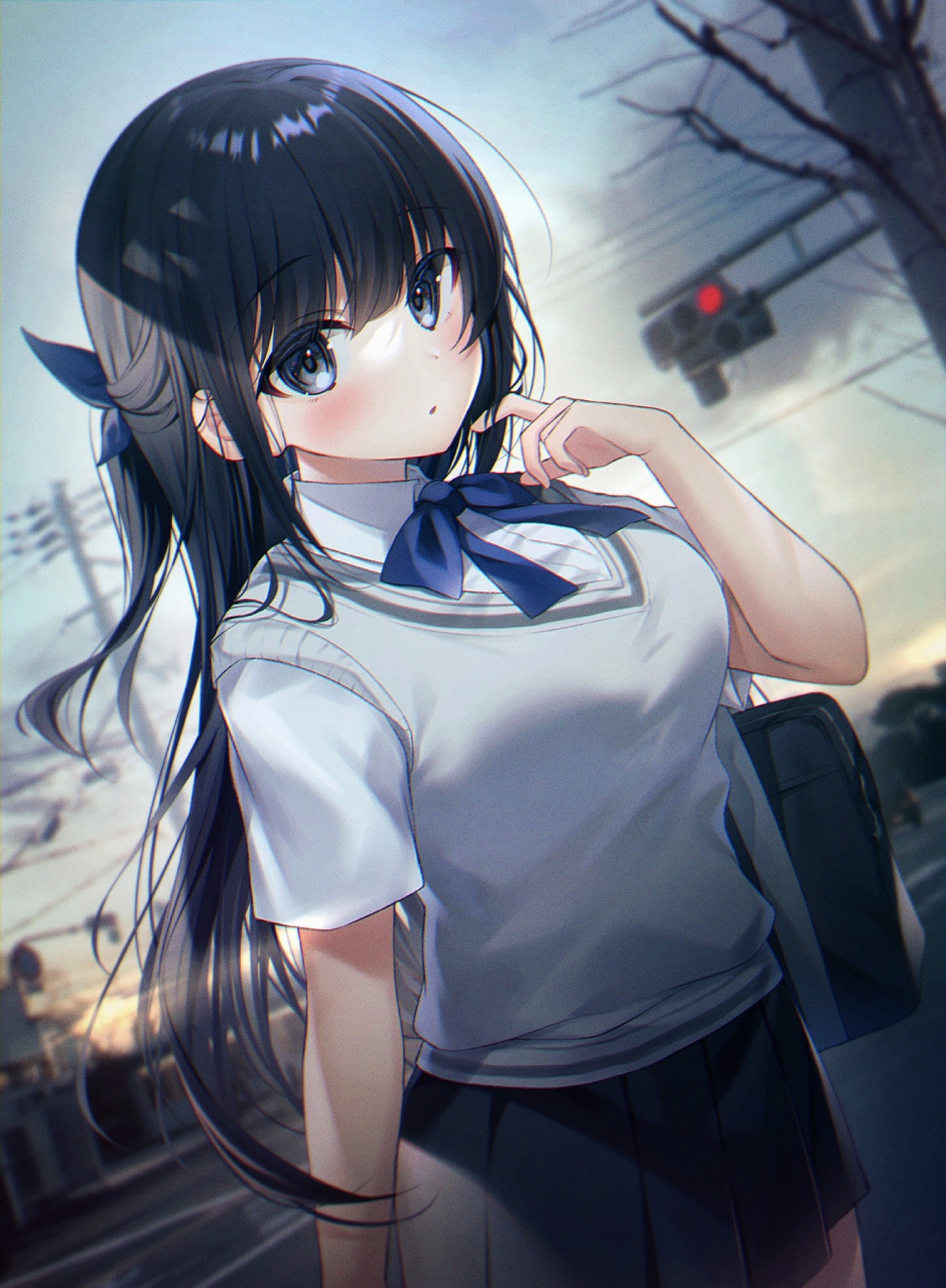 Anime girl in school uniform with blue bow HD Phone Wallpaper