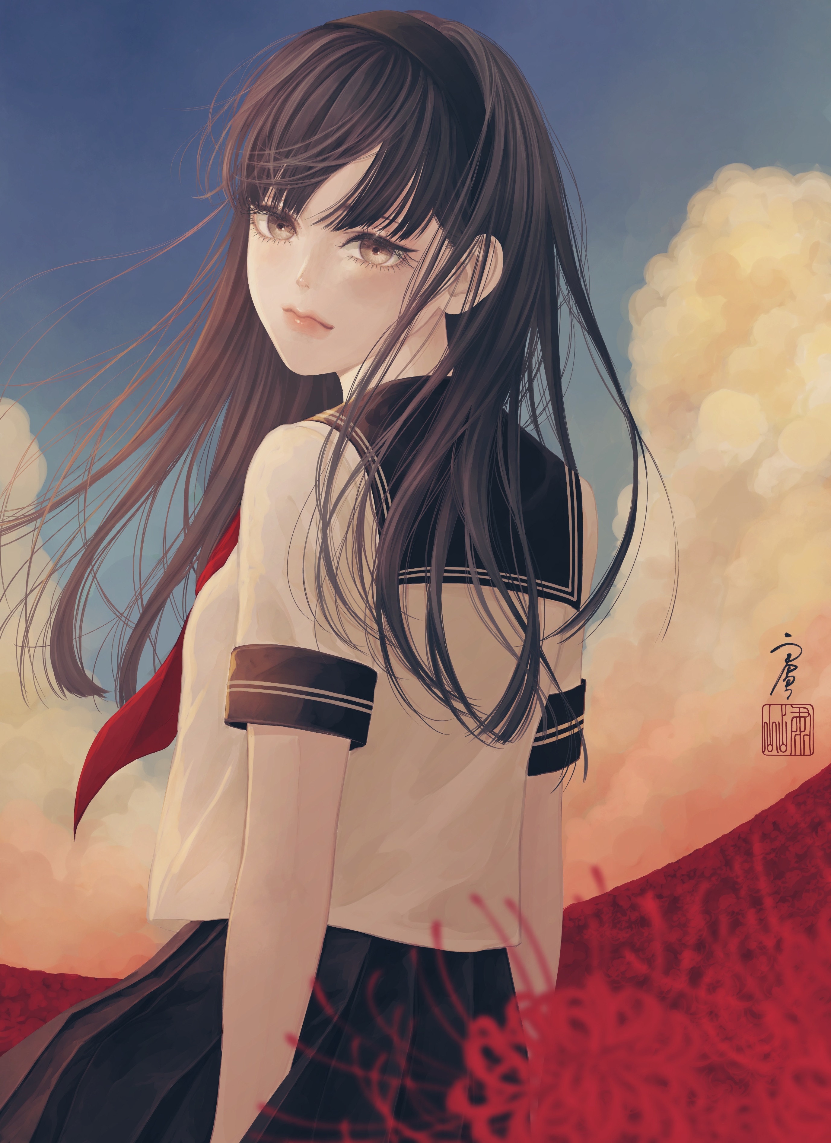 Schoolgirl in uniform with red flowers HD Phone Wallpaper