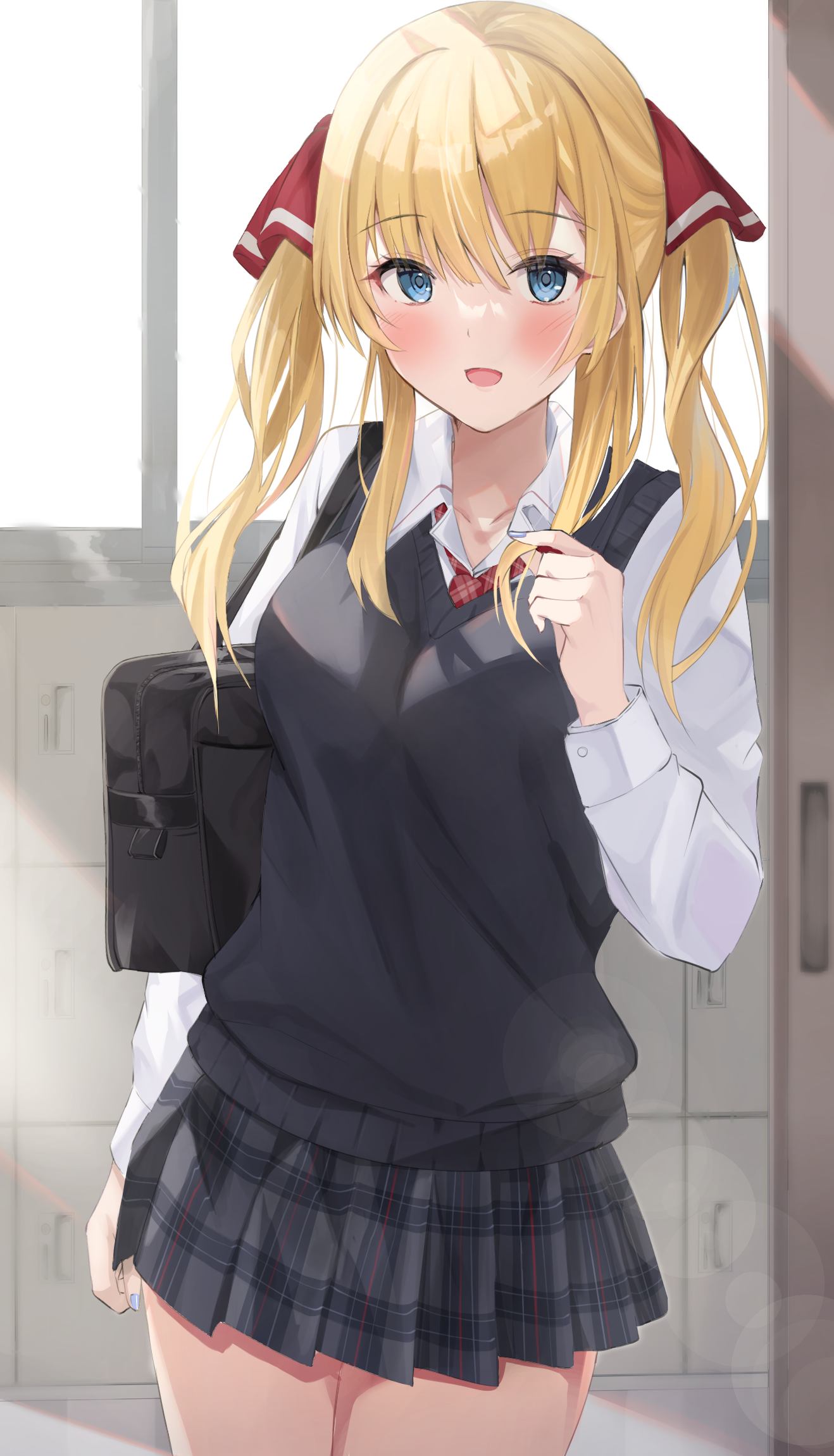 Anime girl with blonde pigtails in school uniform HD Phone Wallpaper