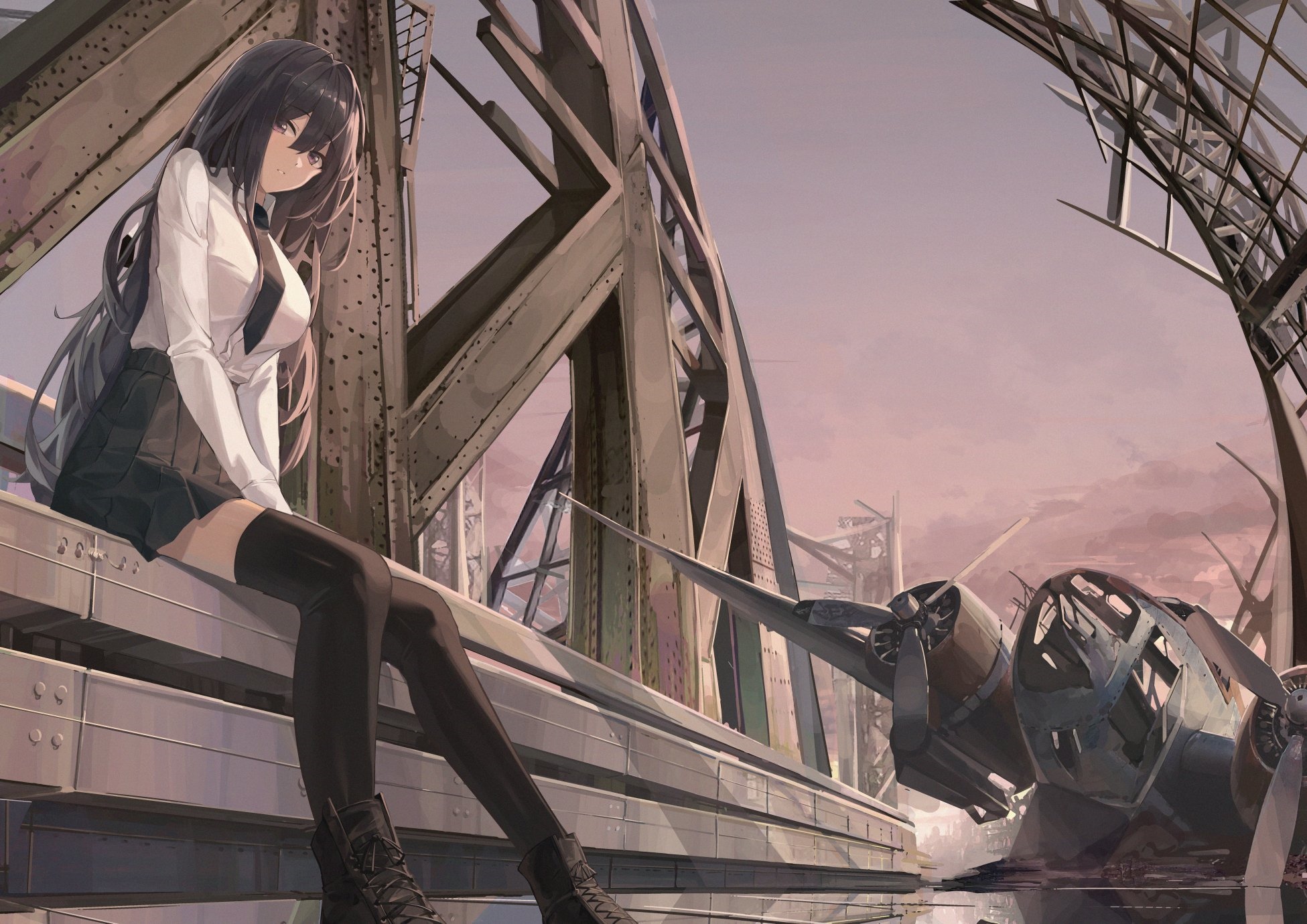 Fan art of a schoolgirl on a bridge HD Wallpaper