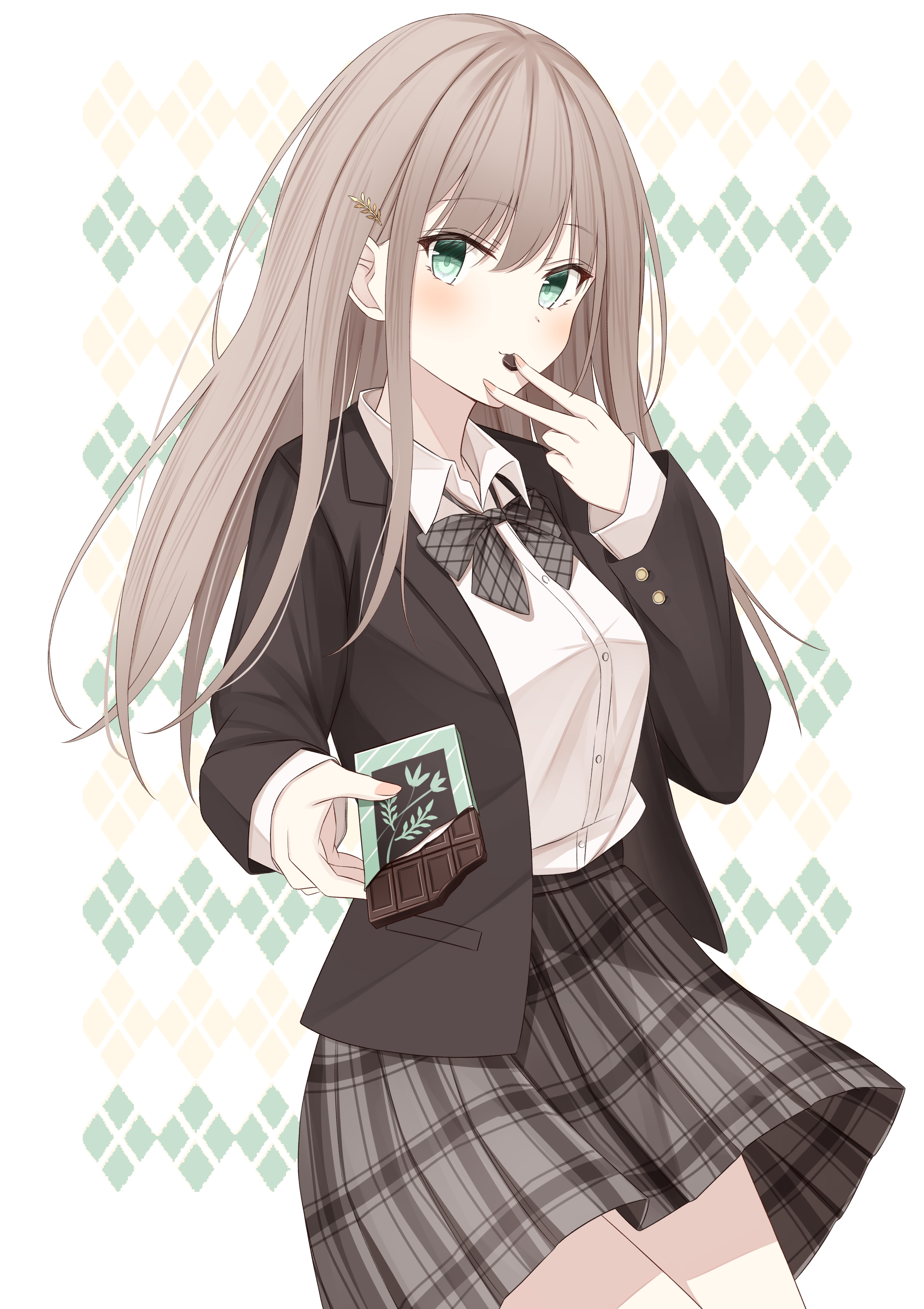 Anime schoolgirl in uniform eating chocolate HD Phone Wallpaper