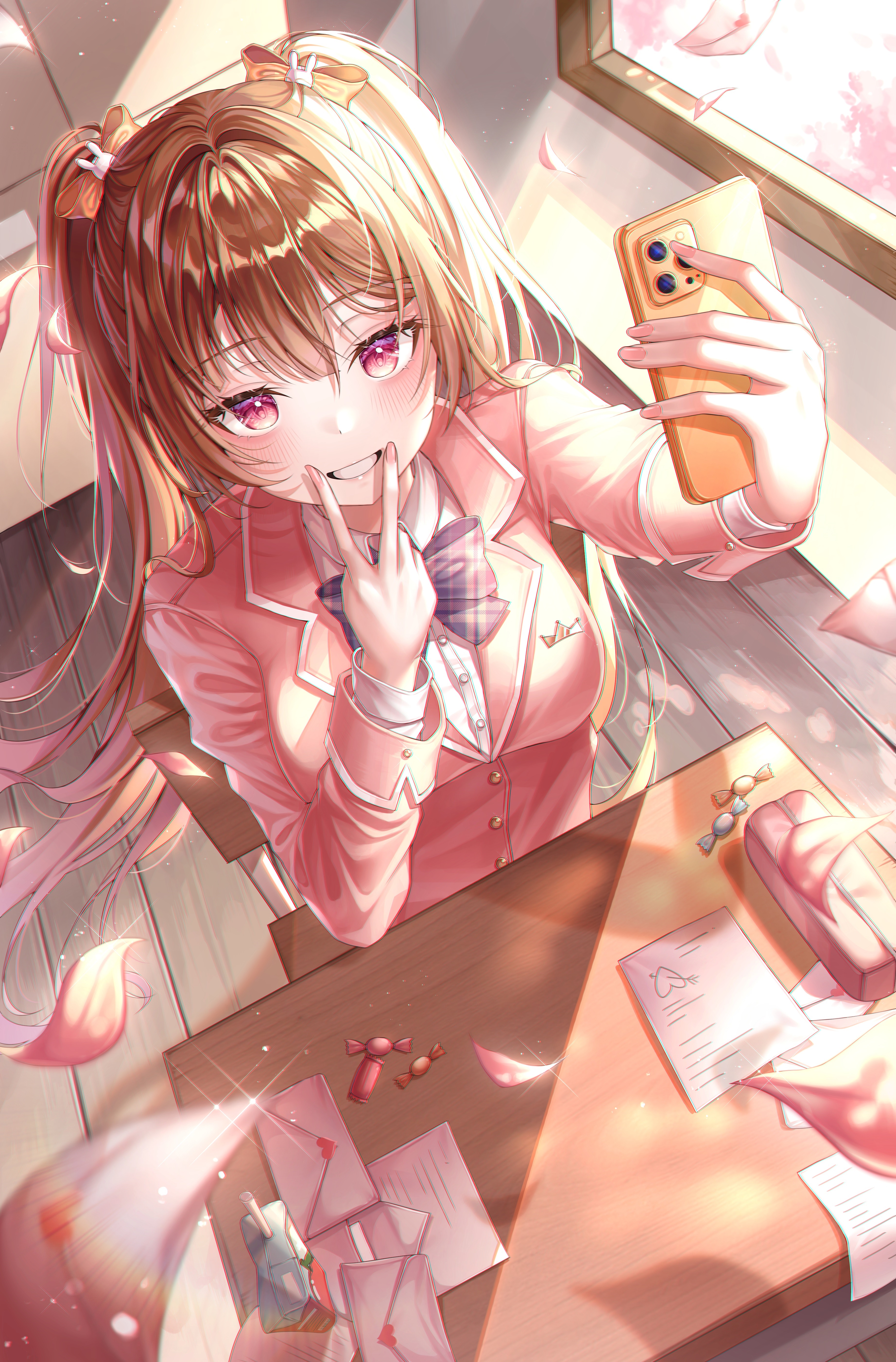 Anime girl in school uniform taking a selfie with petals falling HD Phone Wallpaper