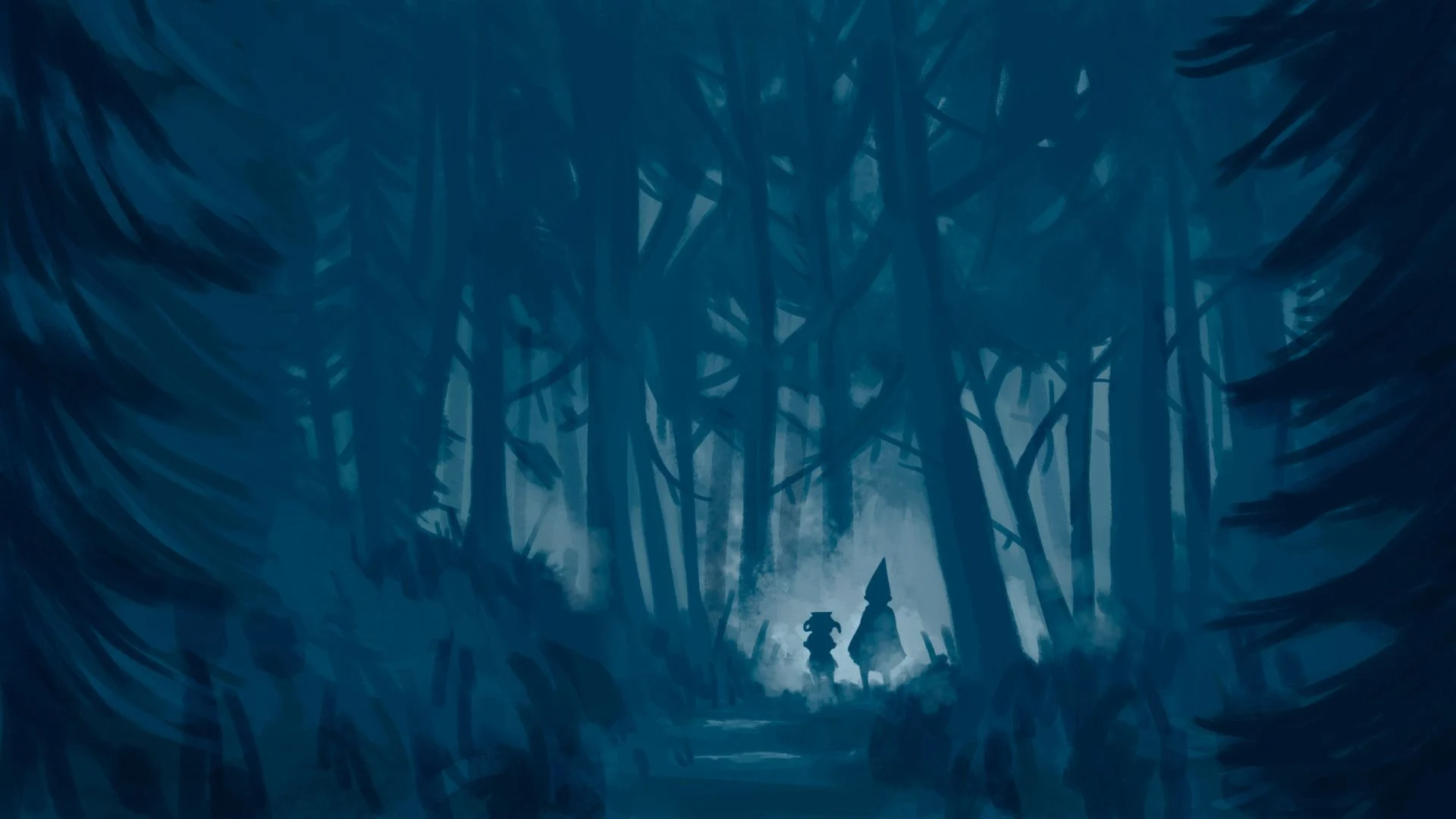 Two figures in a dark forest, Over the Garden Walls HD Wallpaper