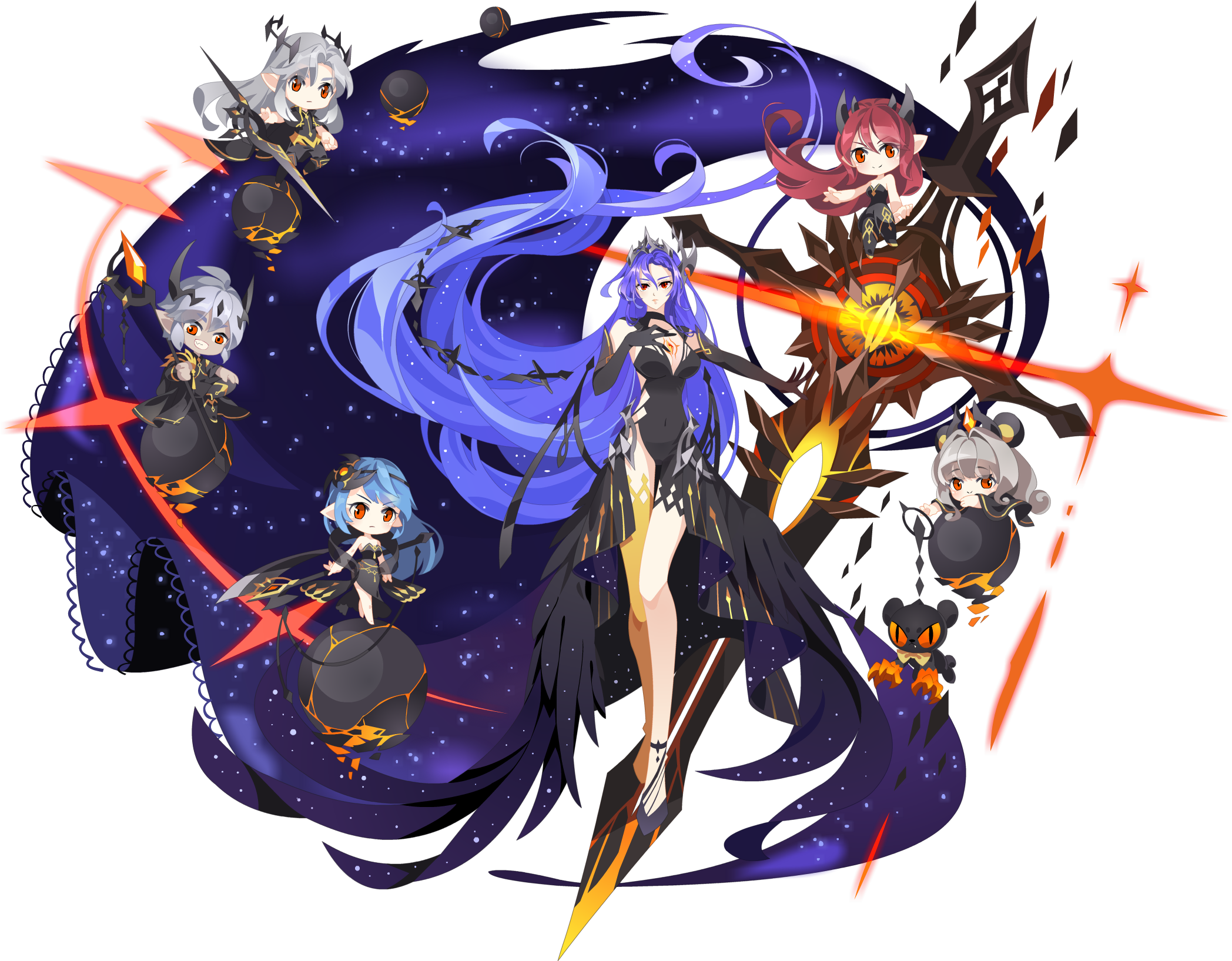 Chibi characters with blue hair and black dresses in space HD Wallpaper