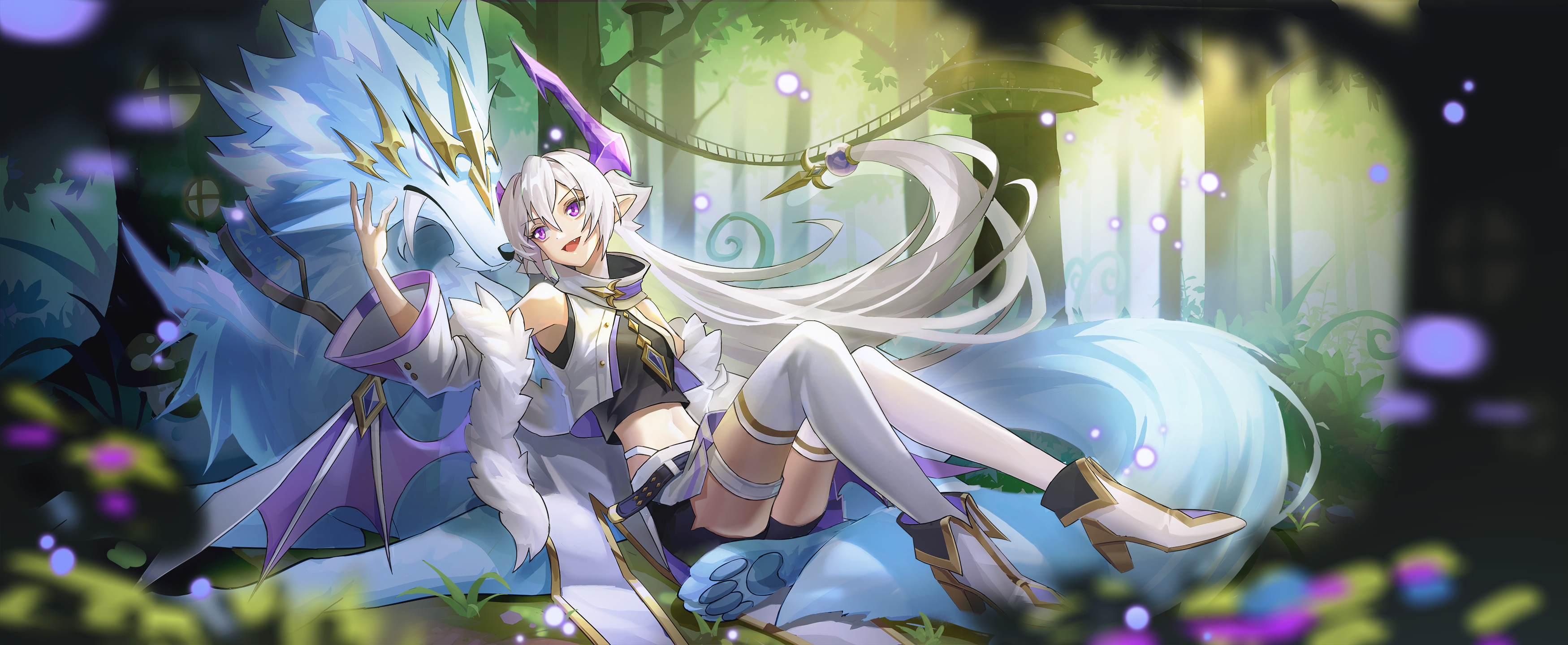 Girl with a wolf-like creature in a forest HD Wallpaper