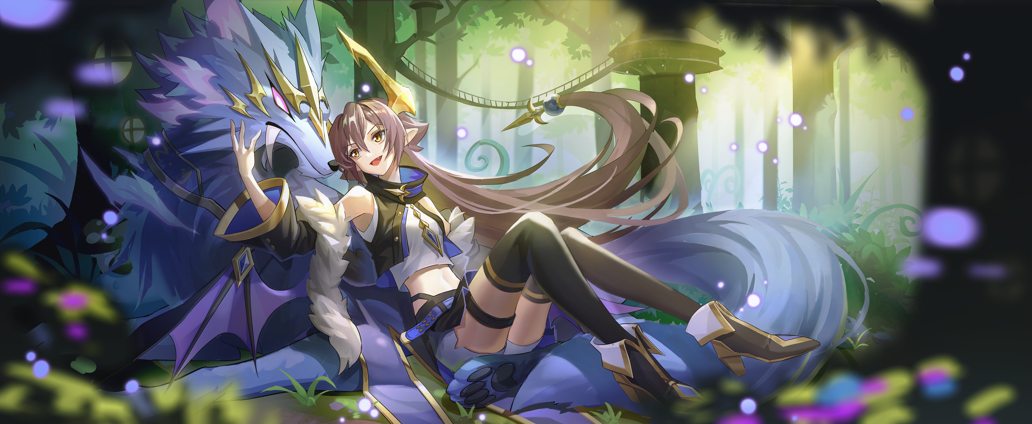 Girl with wolf in a magical forest HD Wallpaper