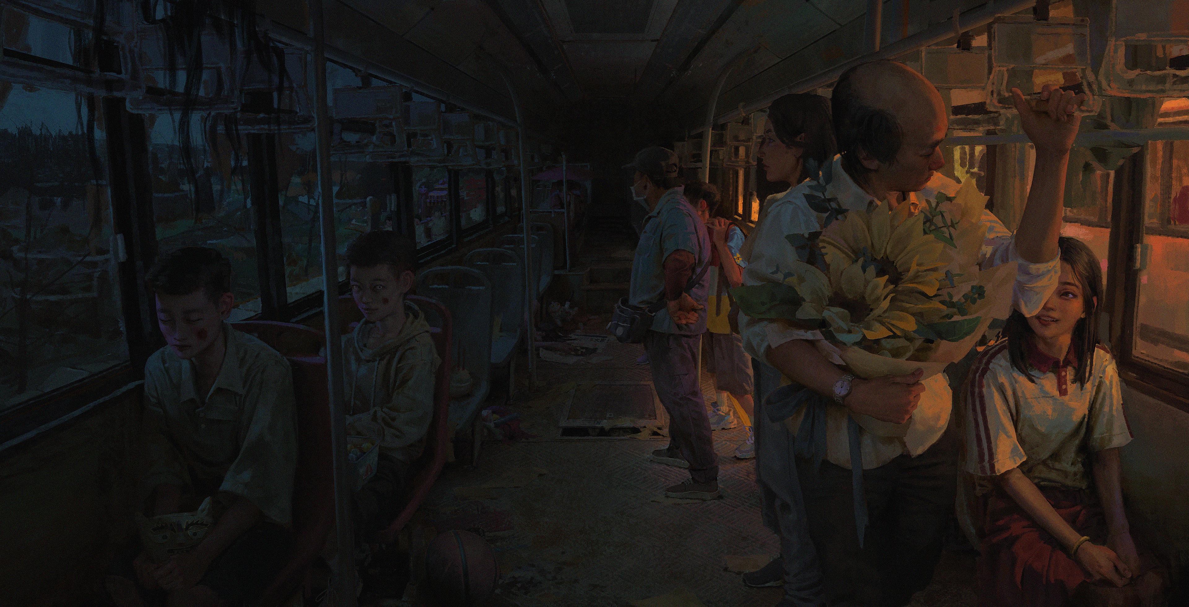 4K interior of a bus with people and flowers HD Wallpaper