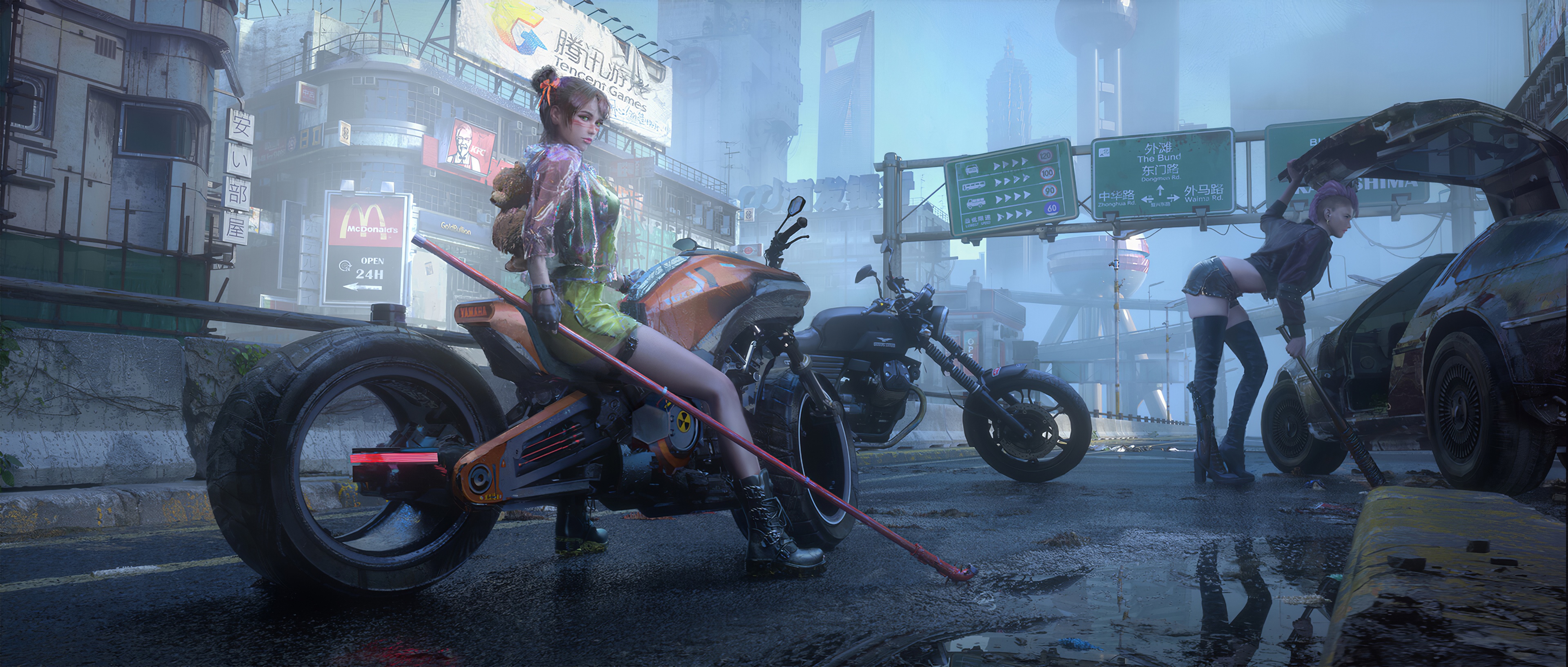 4K Biker Girls in Futuristic Shanghai HD Wallpaper