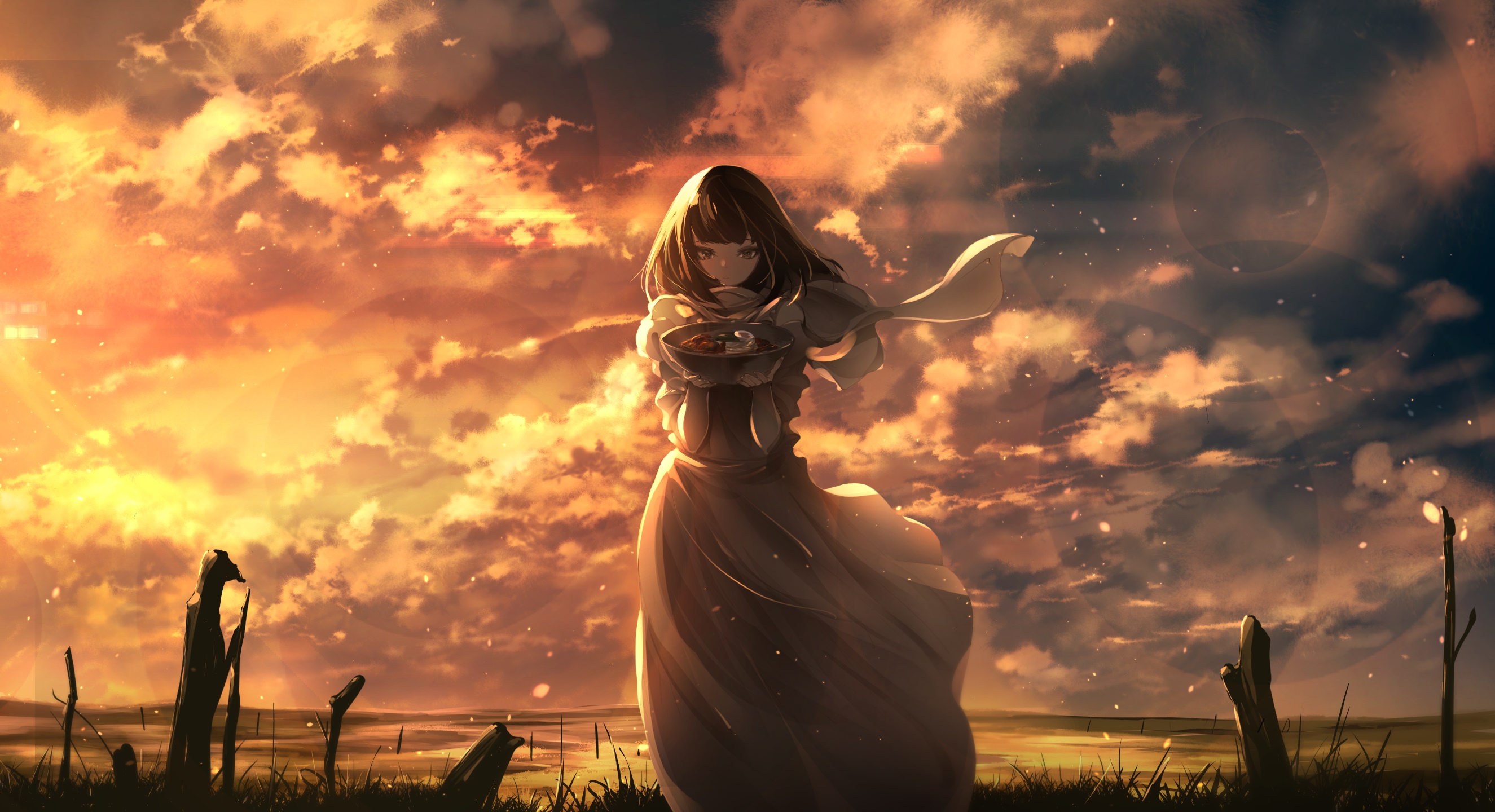 Anime girl holding a bowl against a sunset sky HD Wallpaper