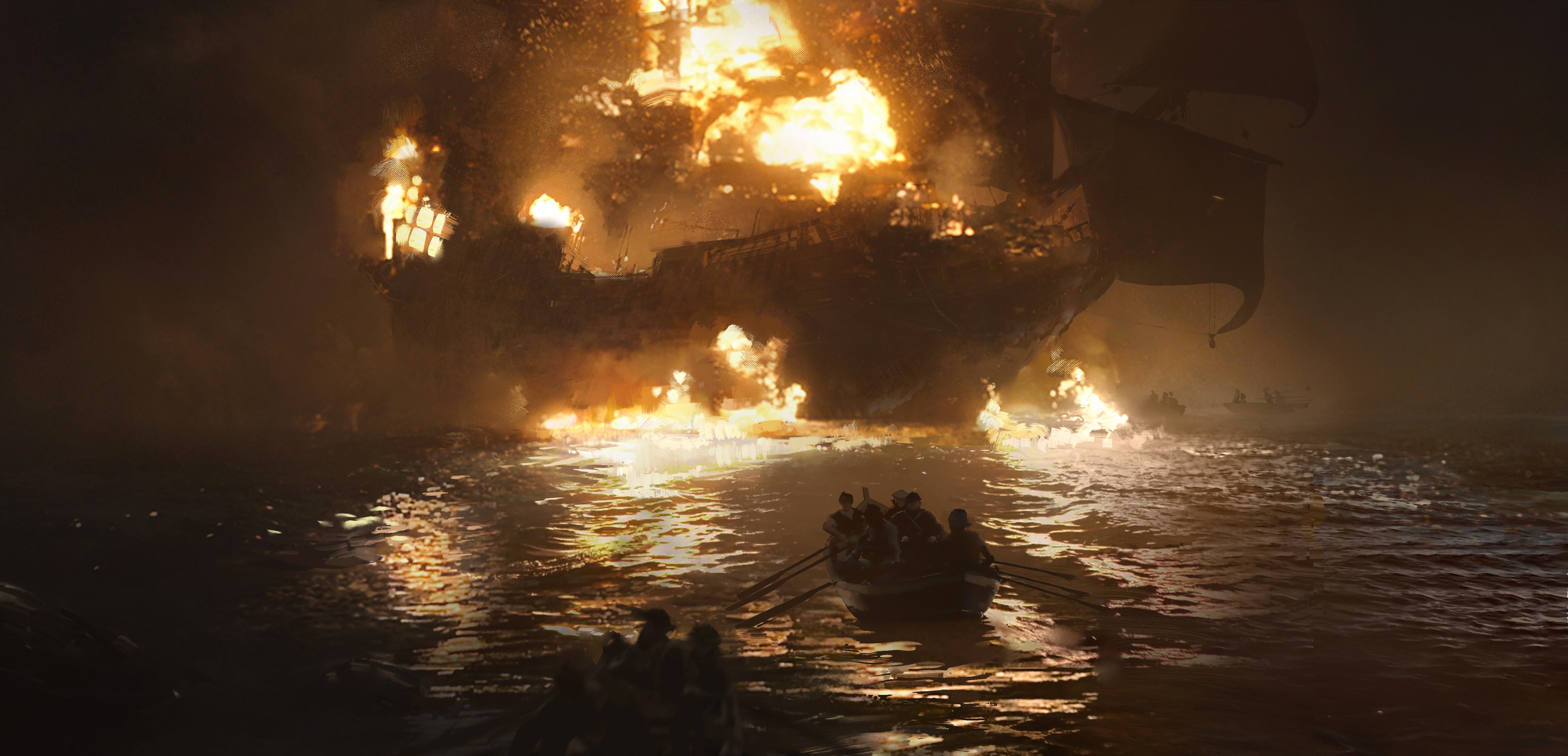 4K Burning Ship at Night with Rowboats HD Wallpaper