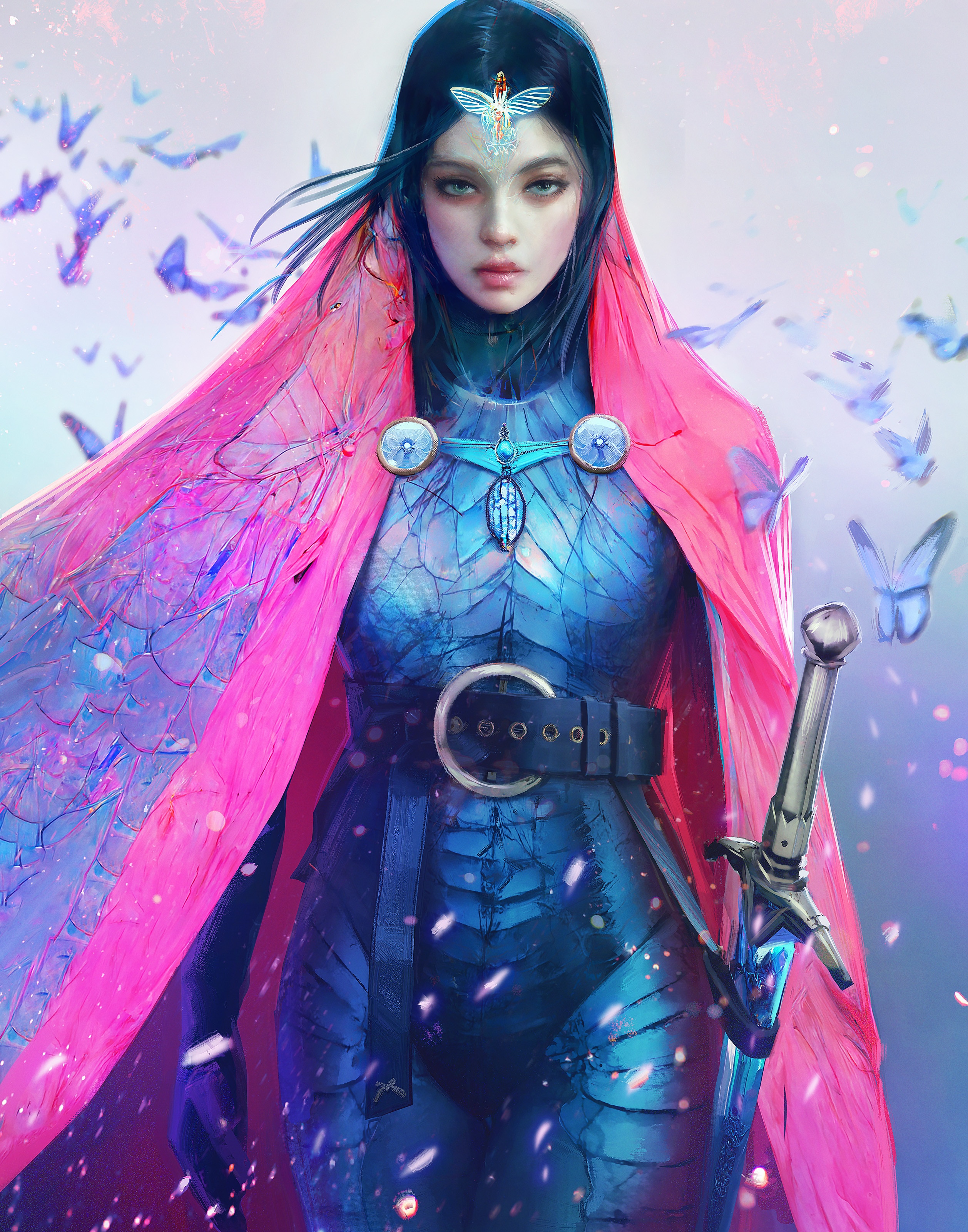 Fantasy warrior woman with sword and butterflies HD Phone Wallpaper