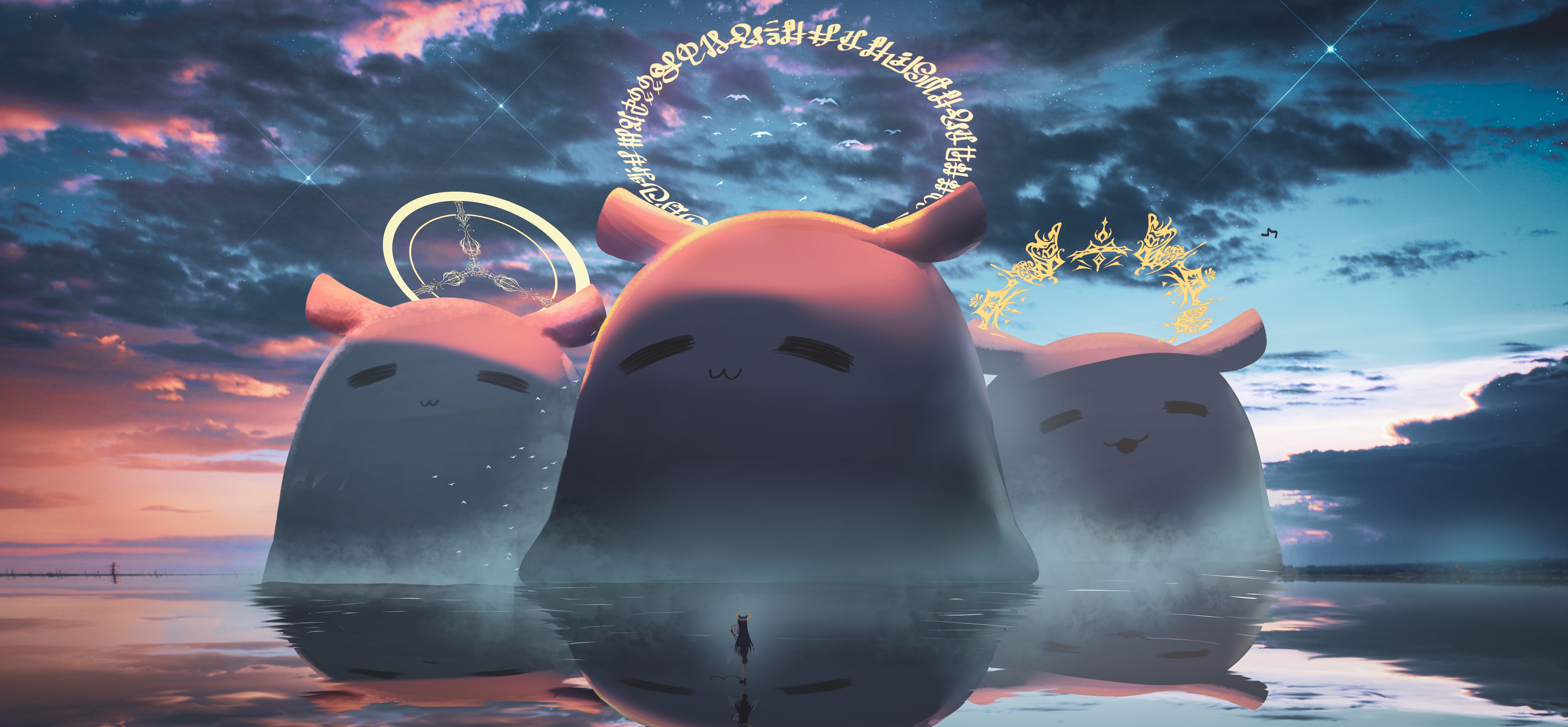Ninomae Inanis and Takodachi in water with clouds HD Wallpaper