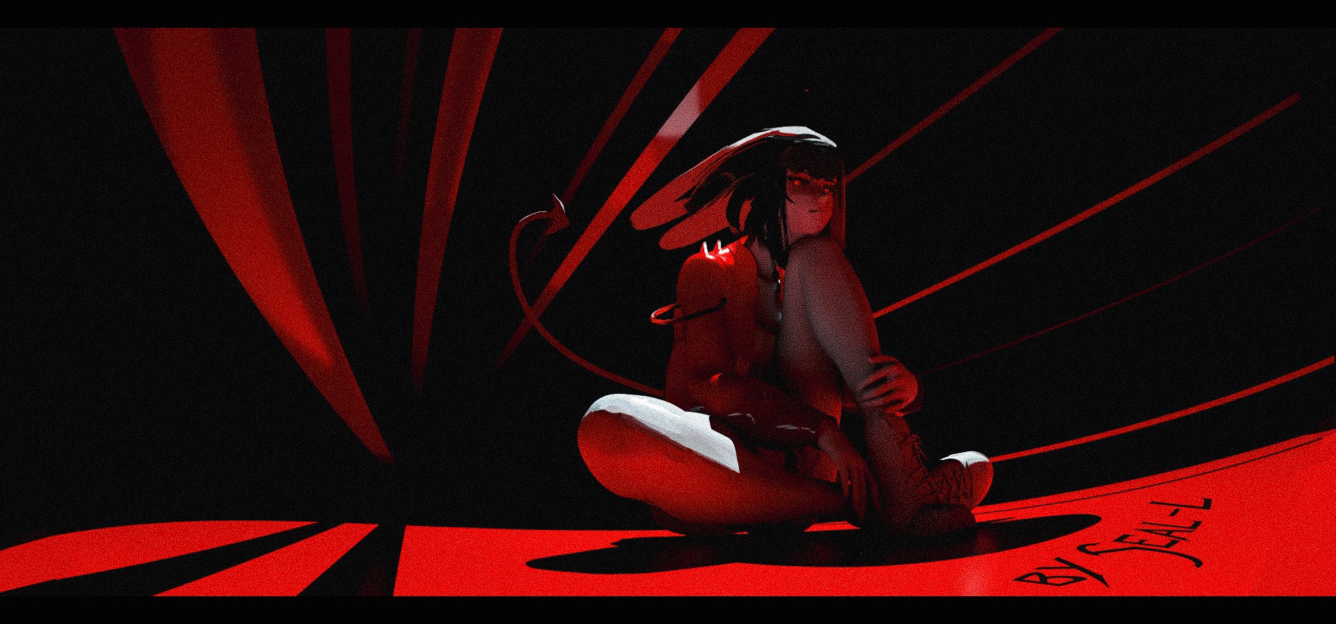 Artwork of a character with a tail and red eyes HD Wallpaper