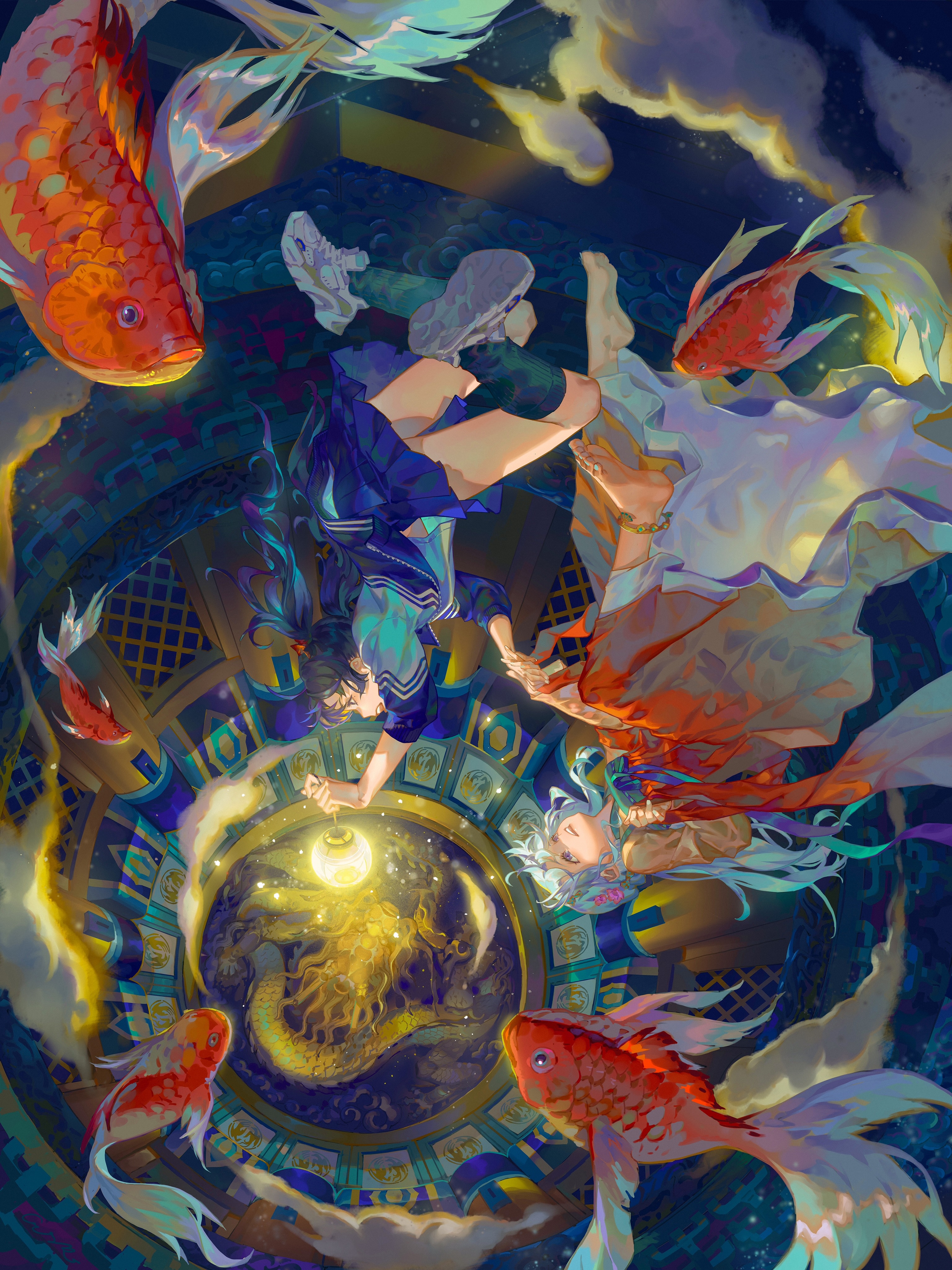 Two girls and koi fish in a mystical circular scene HD Phone Wallpaper