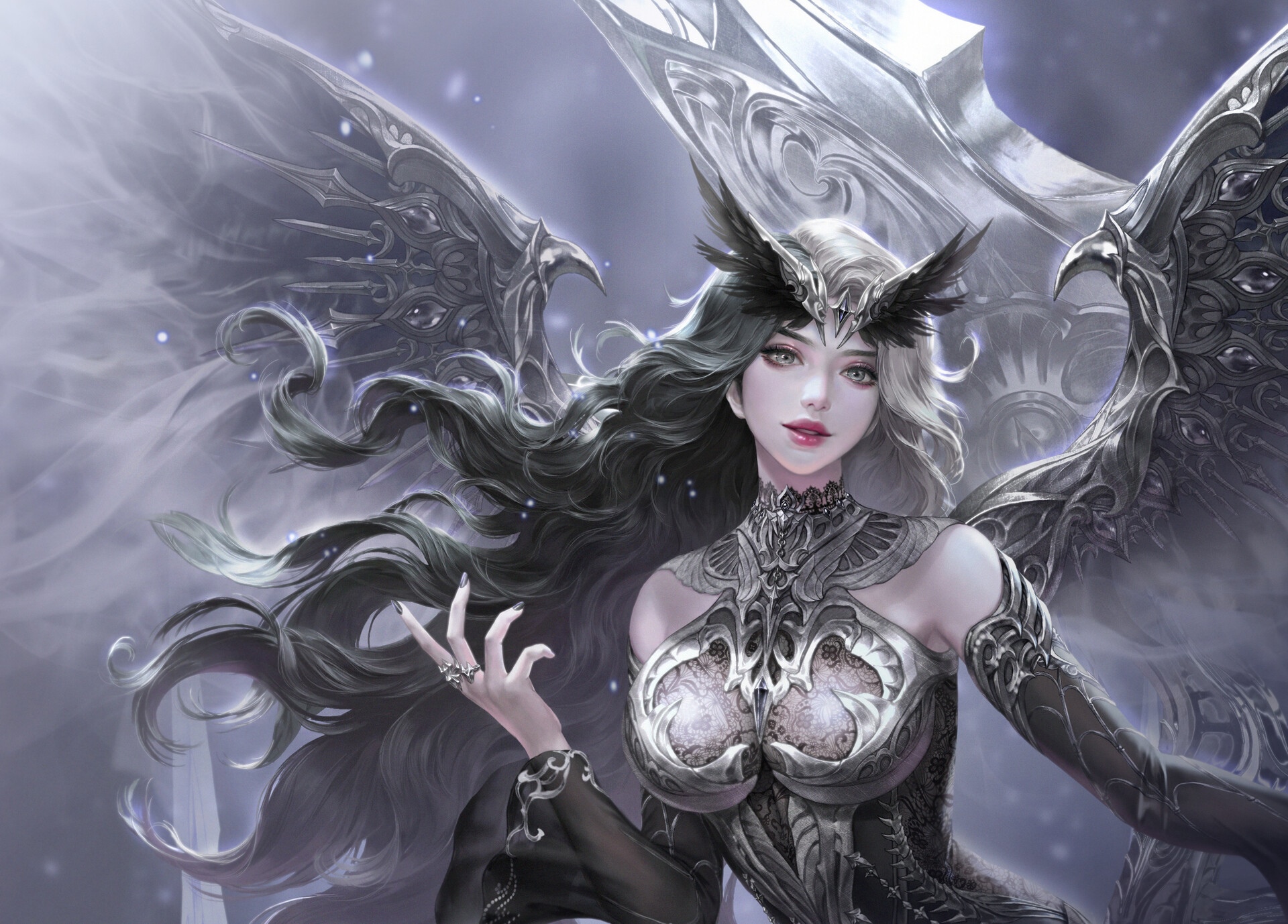 Fantasy girl with multi-colored hair and wings HD Wallpaper