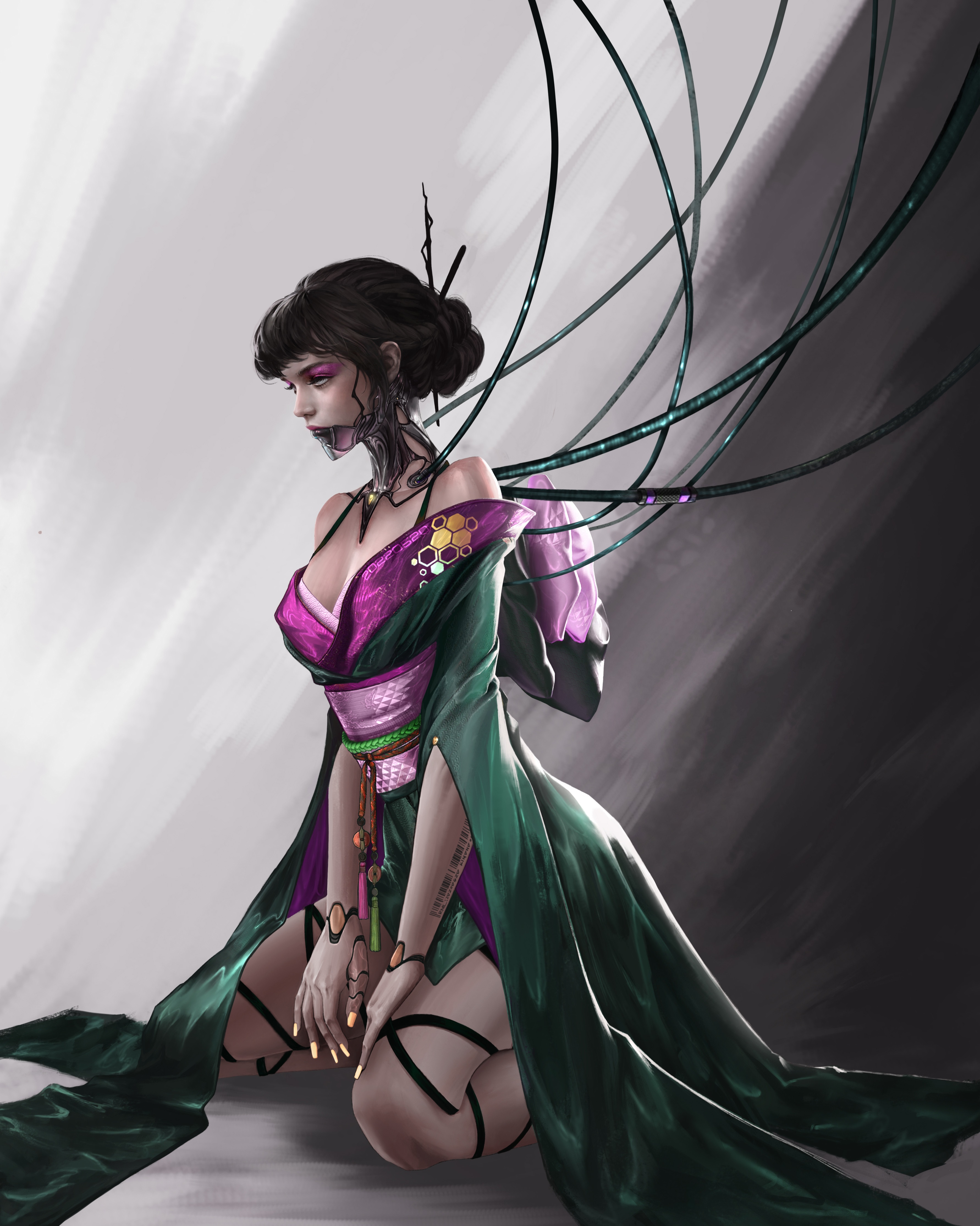 Futuristic cyborg woman in a kimono kneeling HD Phone Wallpaper