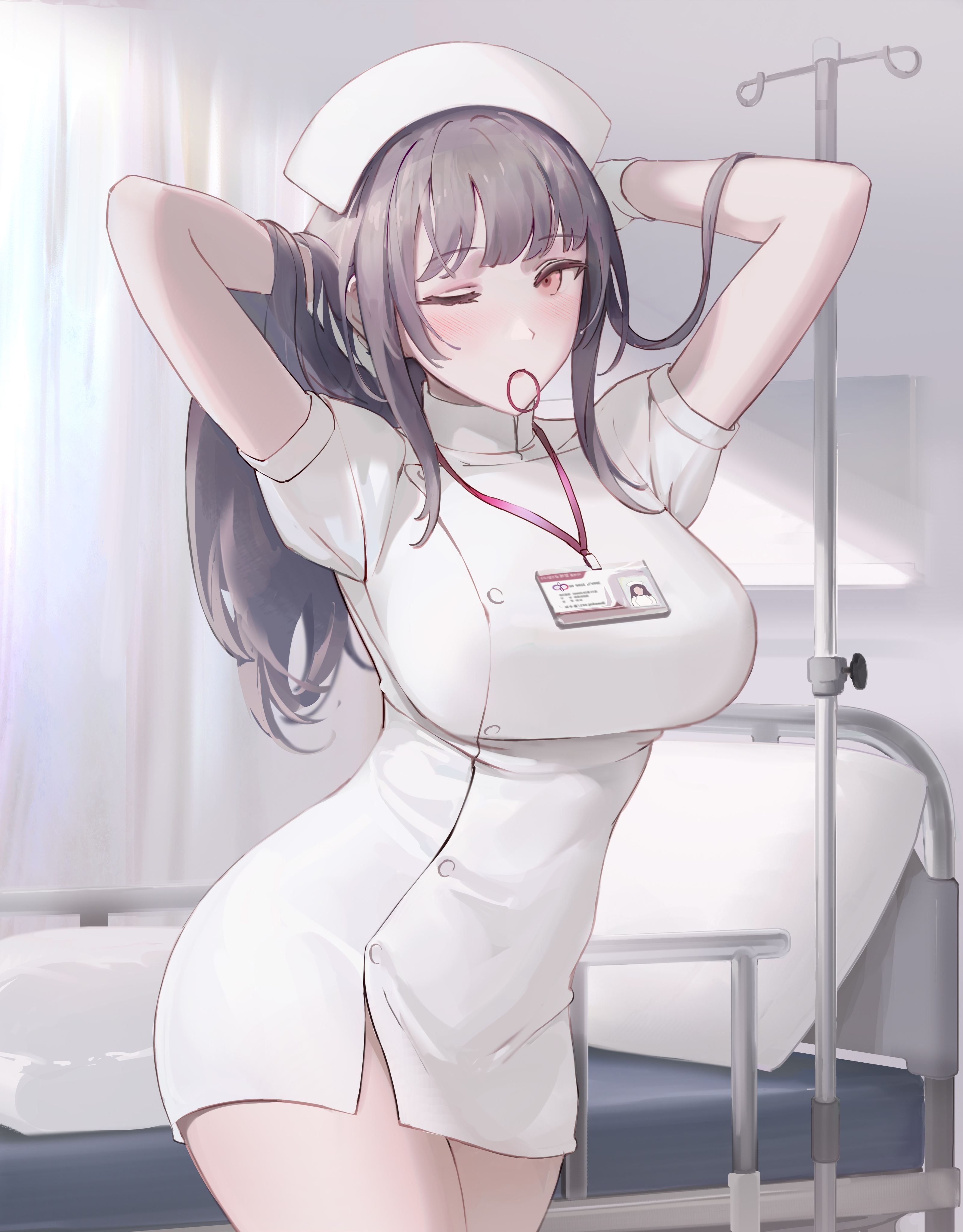Anime Nurse Winking and Stretching in Hospital HD Phone Wallpaper