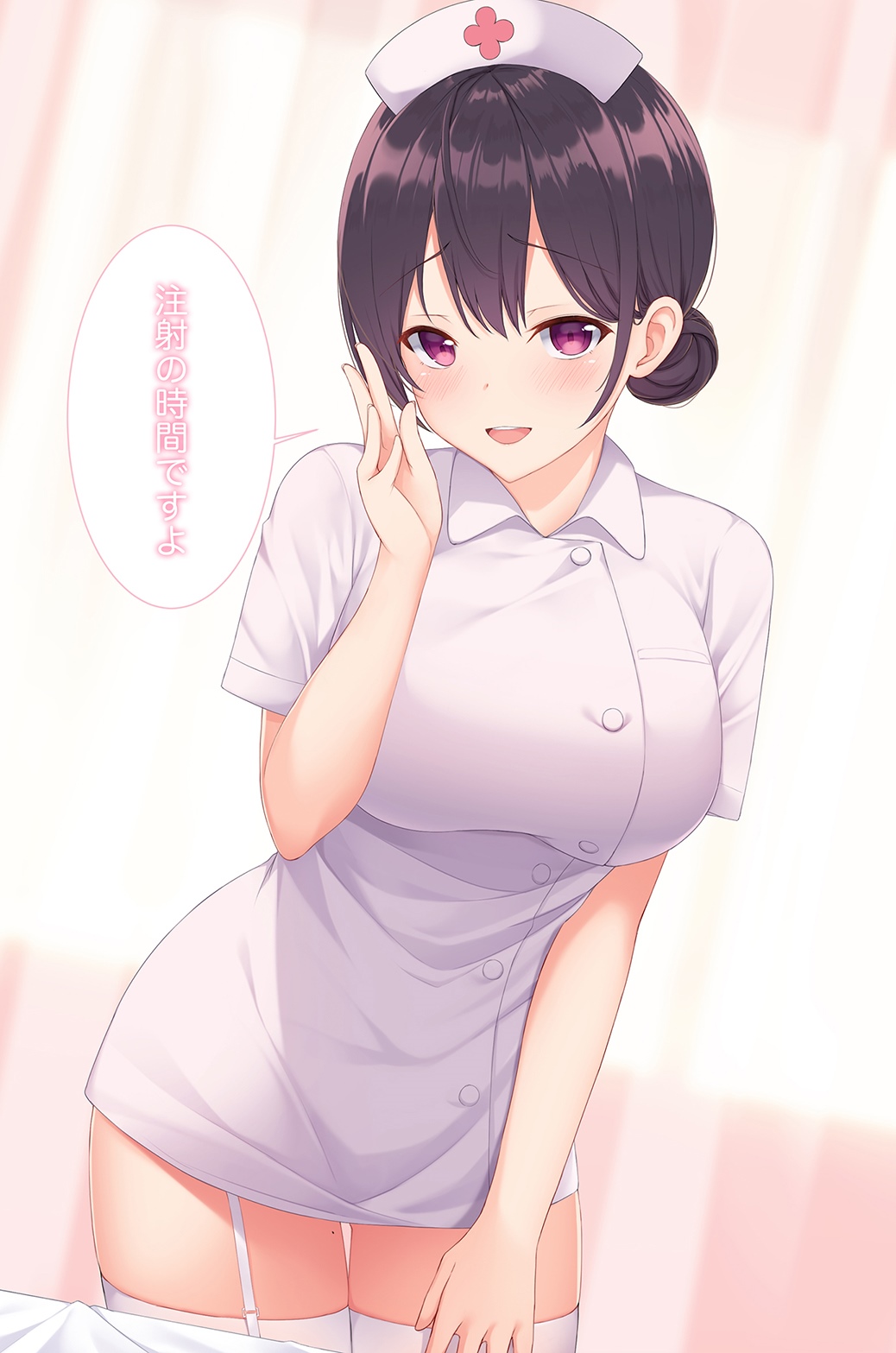 Anime nurse with purple eyes and short dark hair HD Phone Wallpaper