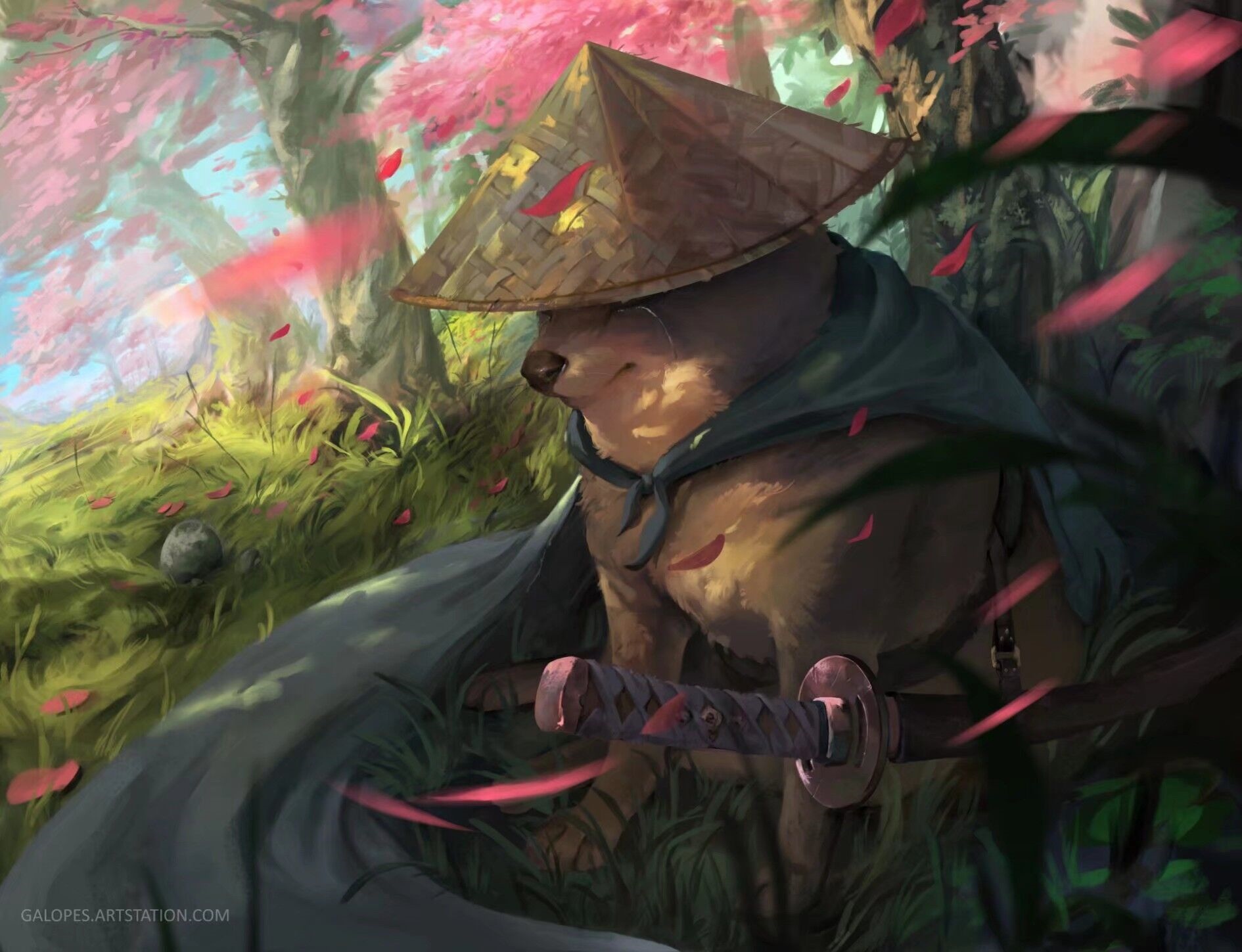 Cheems the samurai dog with a sword in a forest HD Wallpaper
