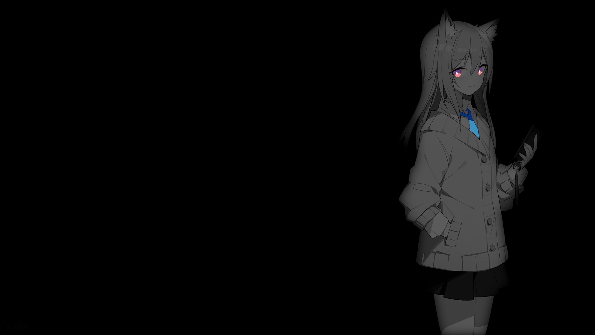 Cat girl with pink eyes holding a phone HD Wallpaper