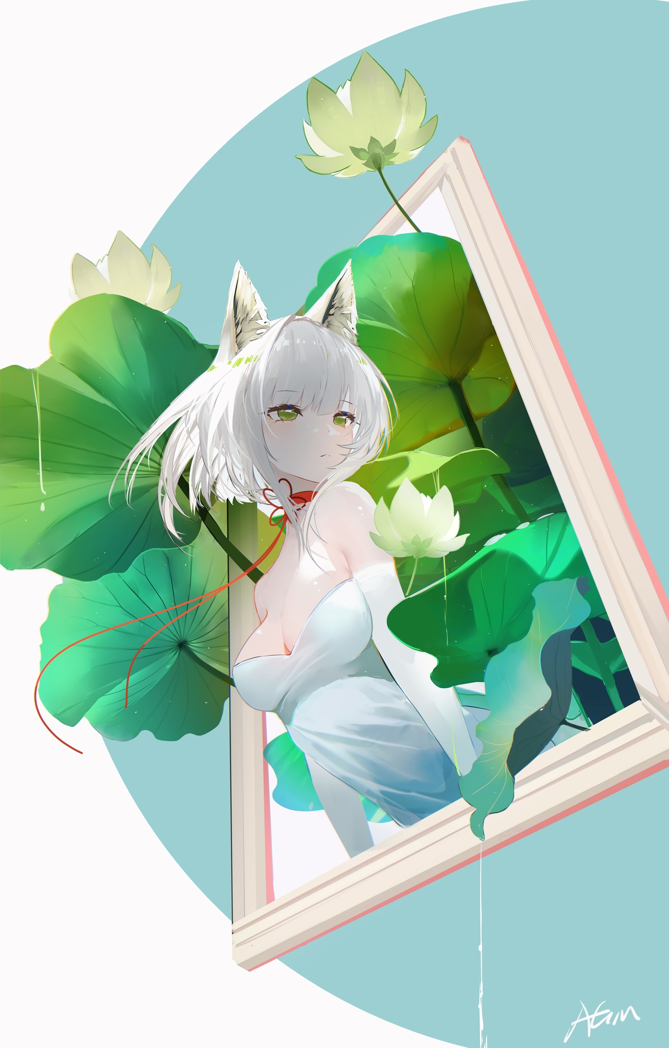 Anime girl with cat ears and lotus flowers HD Phone Wallpaper