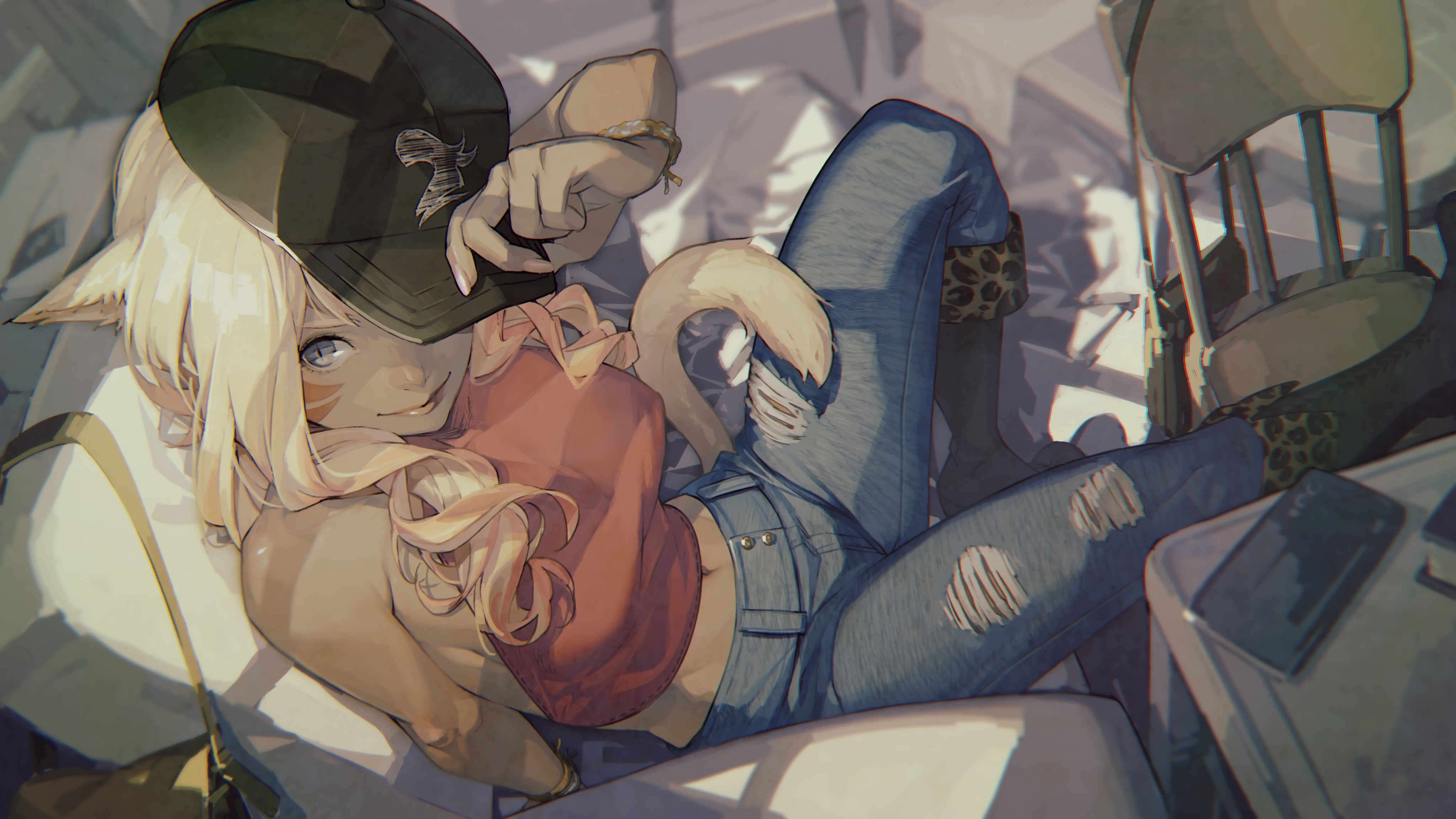 Miqo'te cat girl wearing a hat and torn clothes HD Wallpaper
