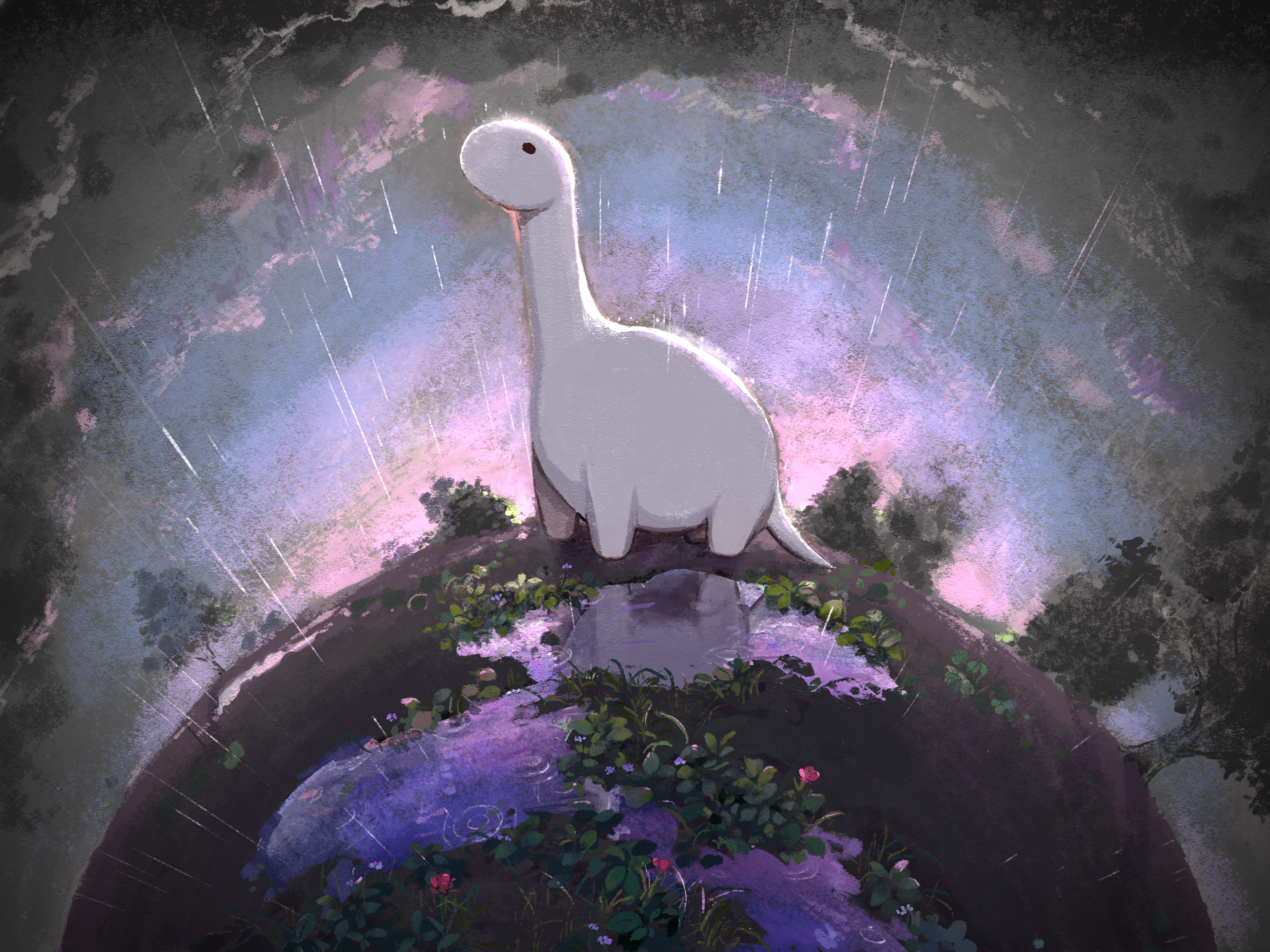 A white dinosaur stands in the rain HD Wallpaper