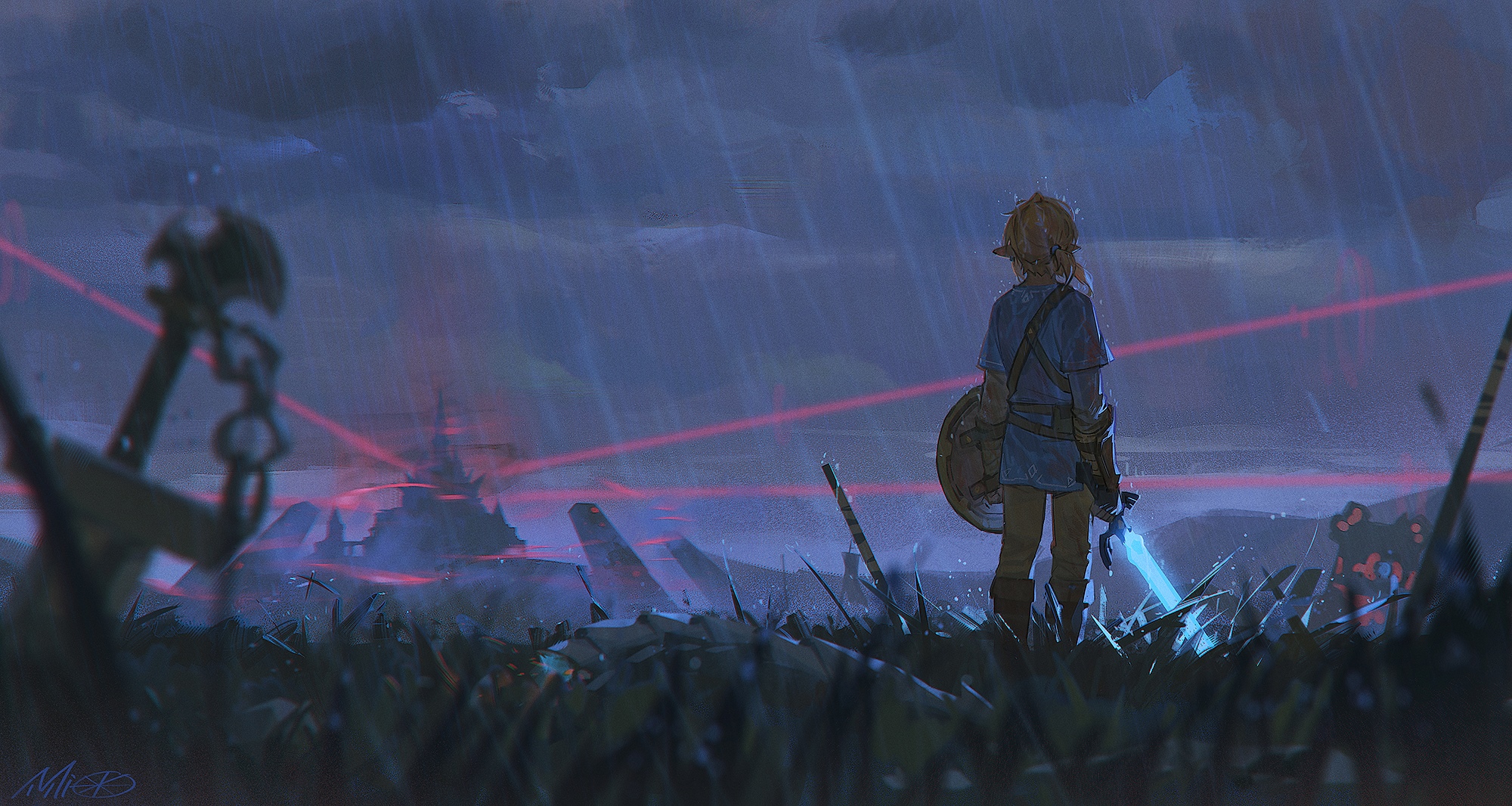 Link with Master Sword in Hyrule Castle ruins HD Wallpaper