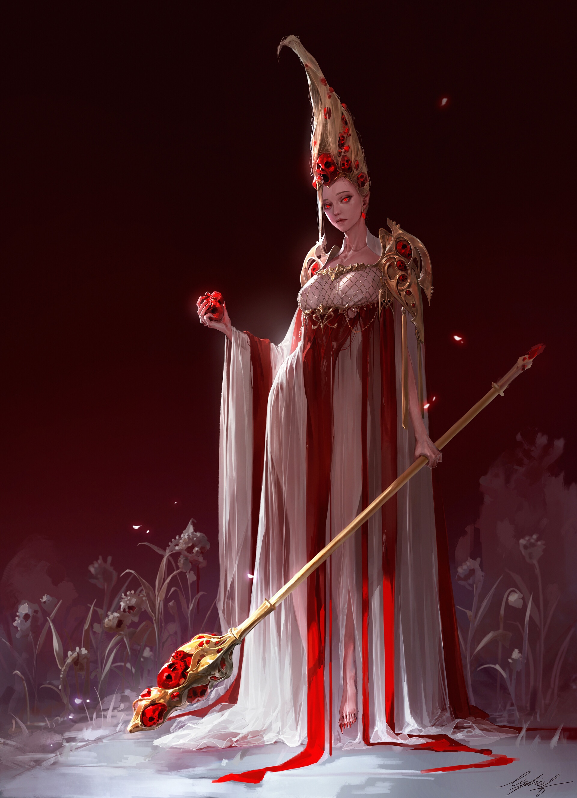 Fantasy woman with skull crown and staff HD Phone Wallpaper