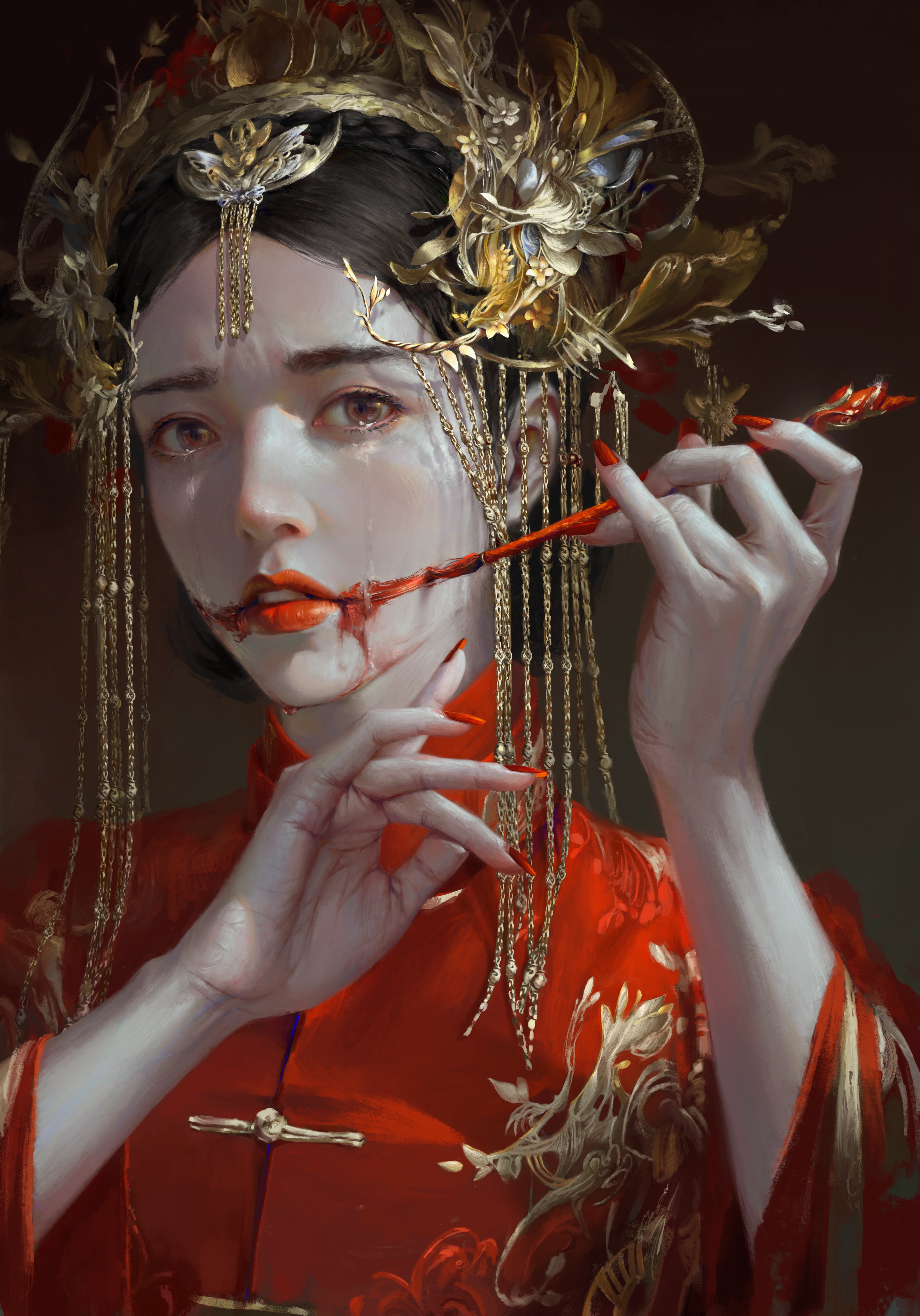 Fantasy girl in red dress with bloody mouth HD Phone Wallpaper