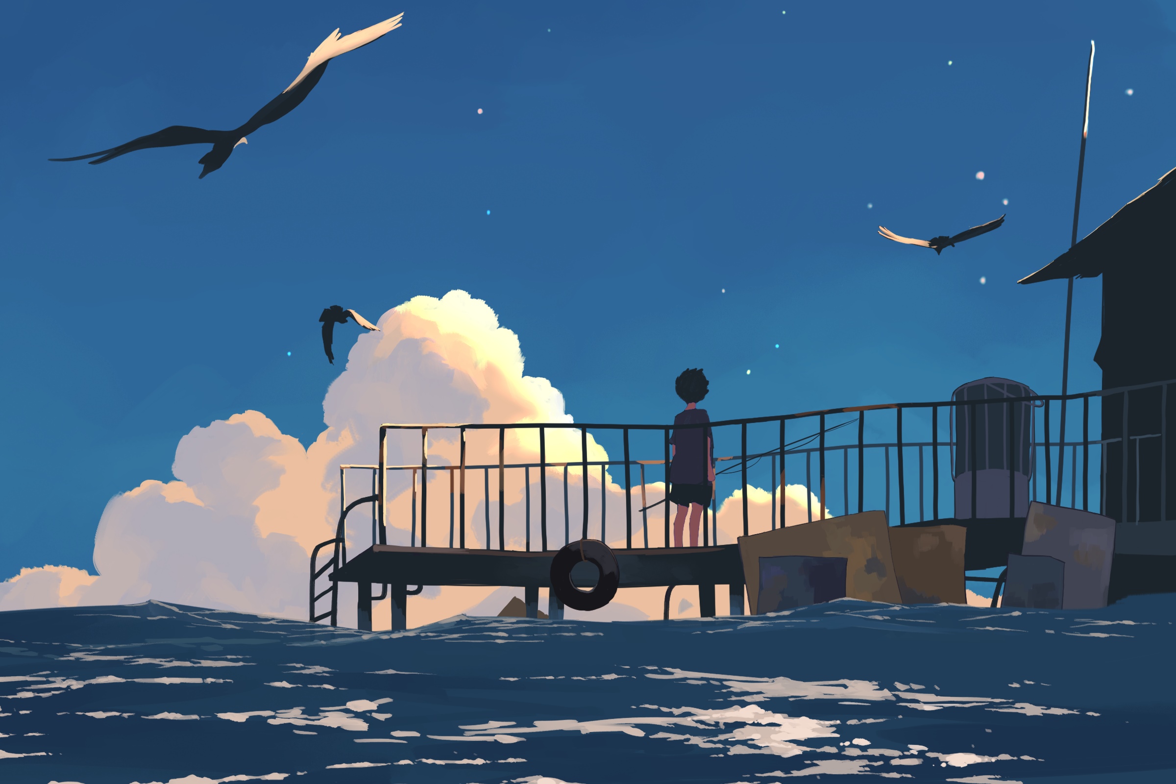 Anime boy on a pier with seagulls and clouds HD Wallpaper