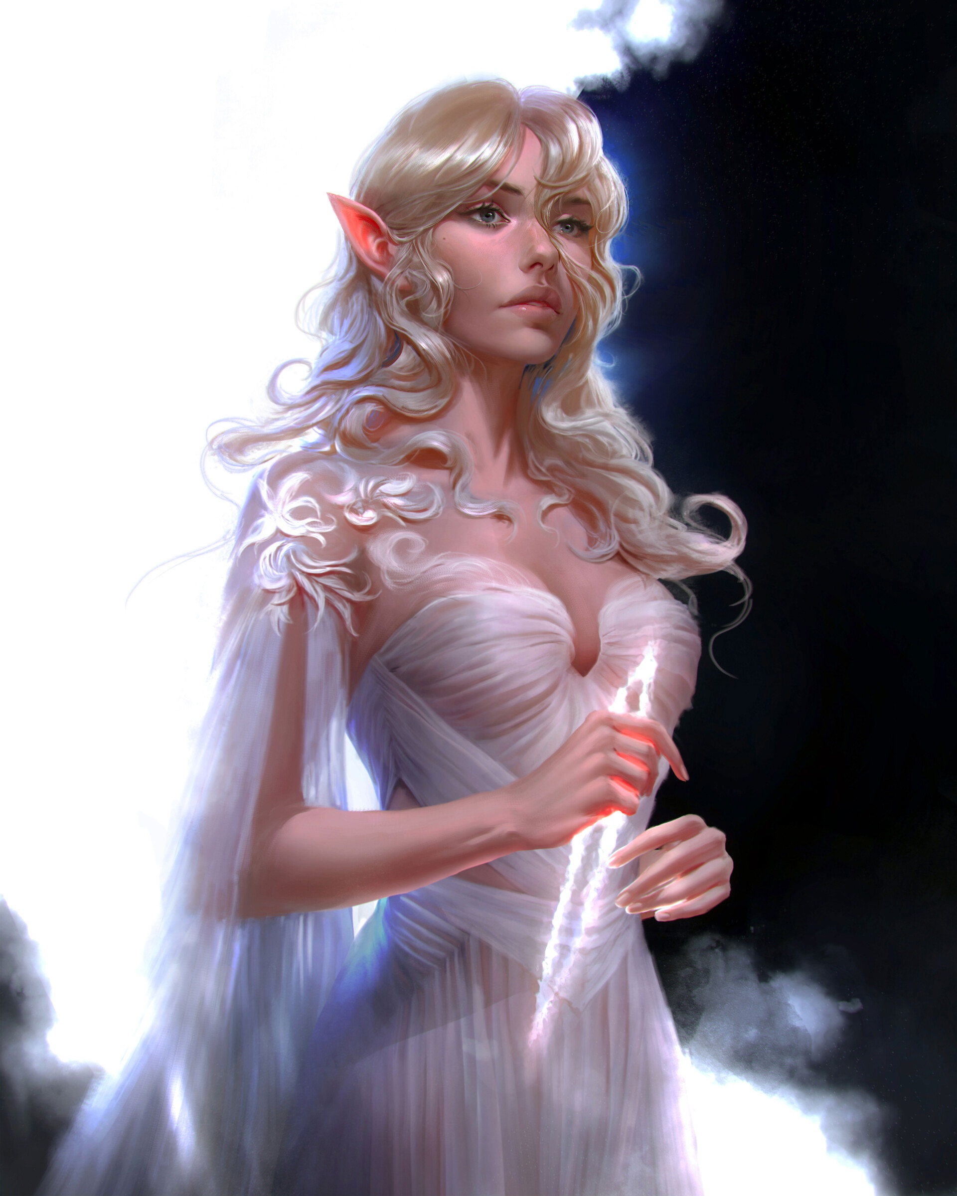 Fantasy elf girl in white dress holding a glowing staff HD Phone Wallpaper