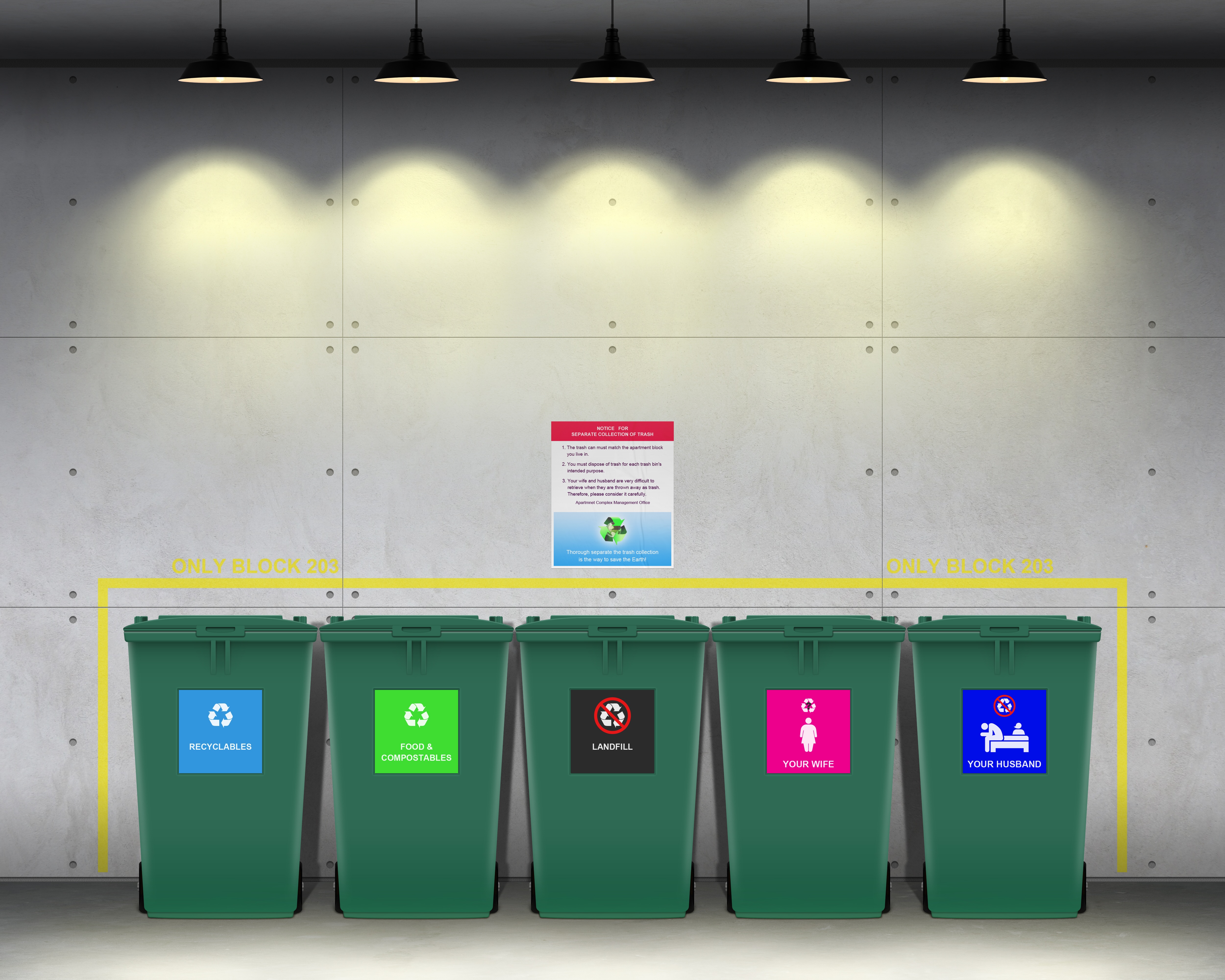 Humorous trash bins for recyclables, food, landfill, wife, and husband HD Wallpaper