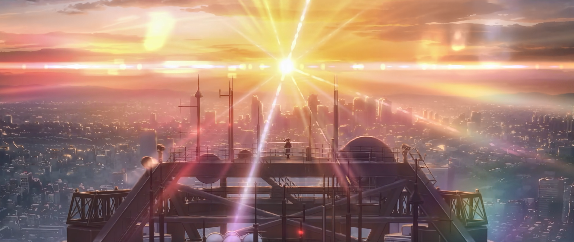Anime cityscape at sunset with a person on a tower HD Wallpaper