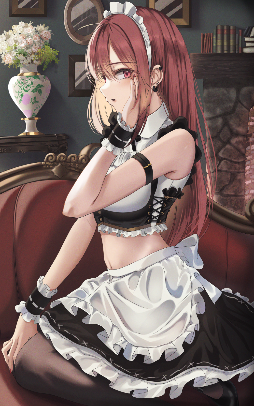 Redhead maid with red eyes in a maid outfit HD Phone Wallpaper