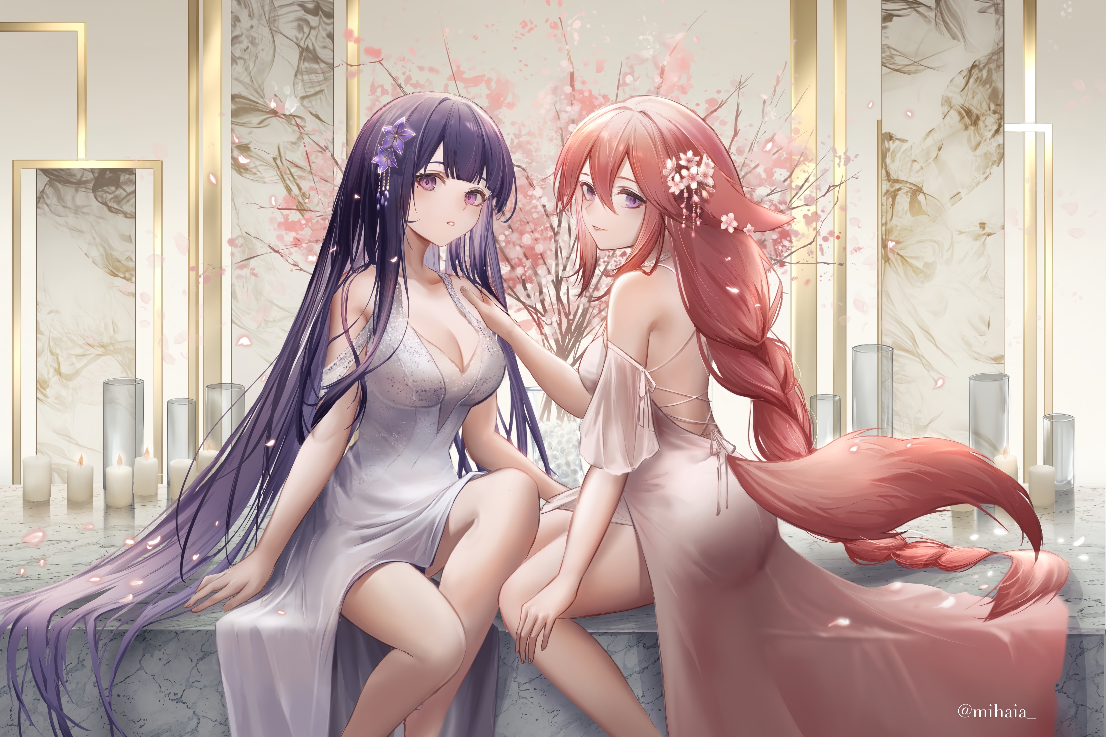 Raiden Shogun and Yae Miko in elegant dresses HD Wallpaper