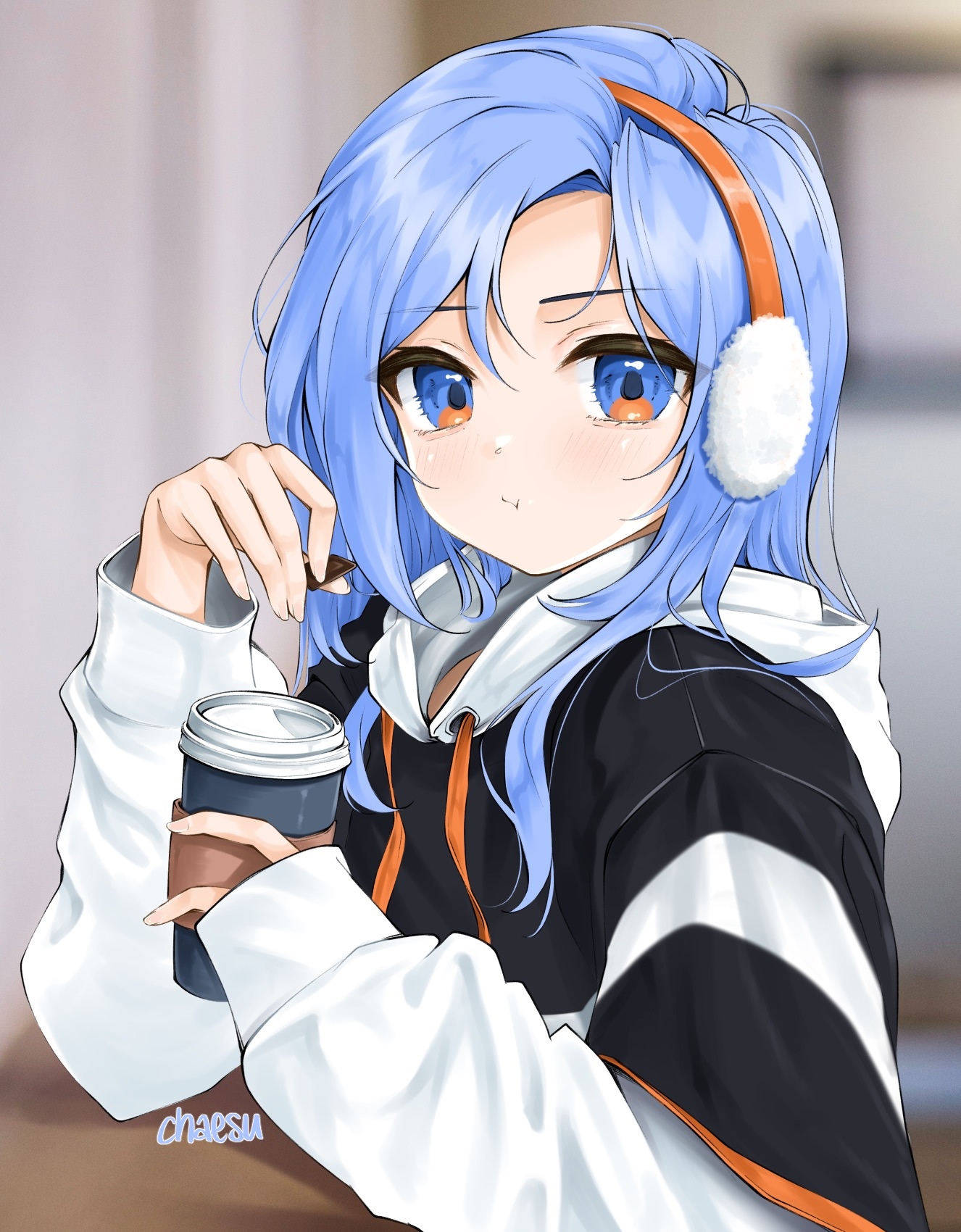 Anime girl with blue hair drinking coffee HD Phone Wallpaper