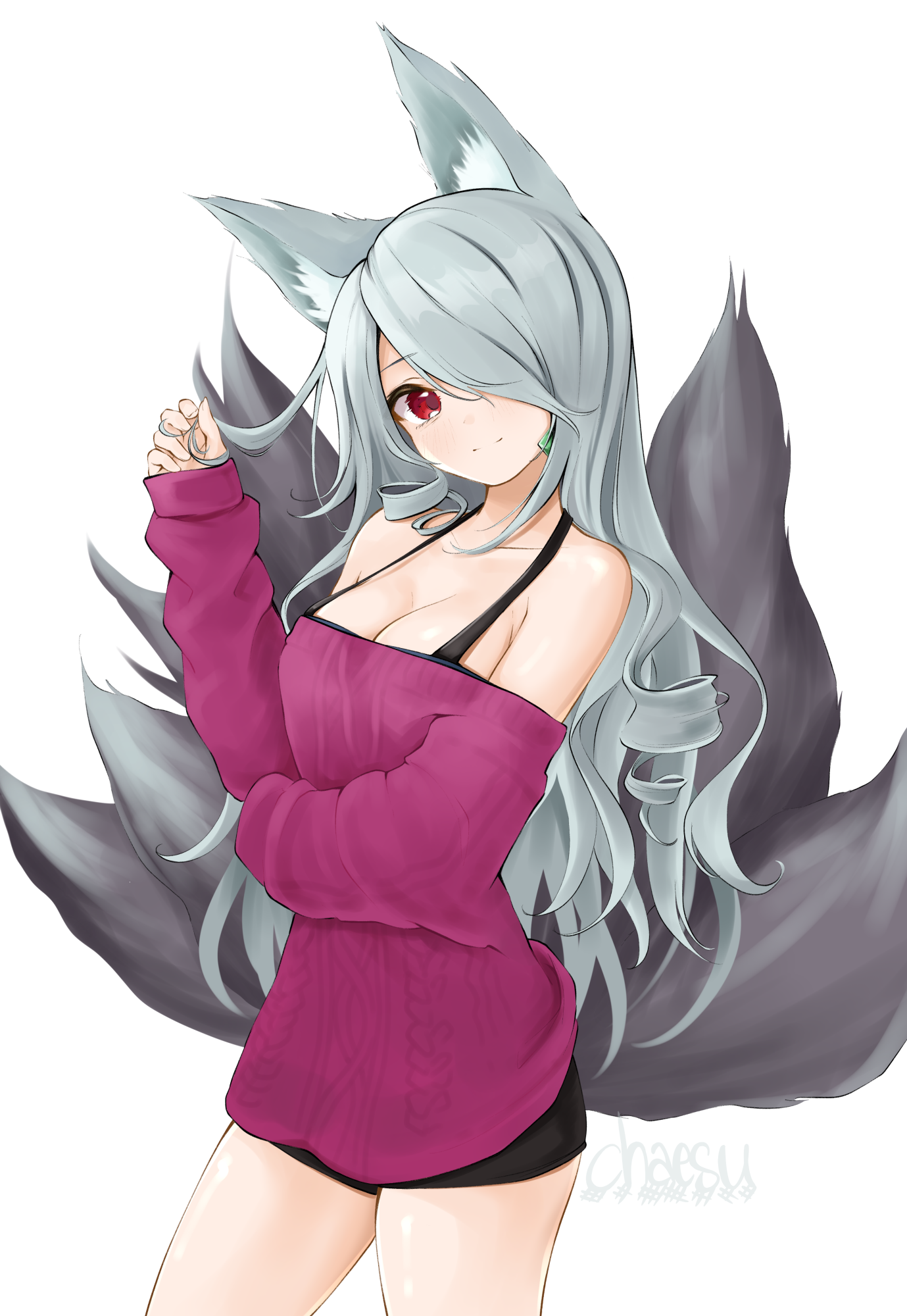 Fox girl with long silver hair and multiple tails HD Phone Wallpaper