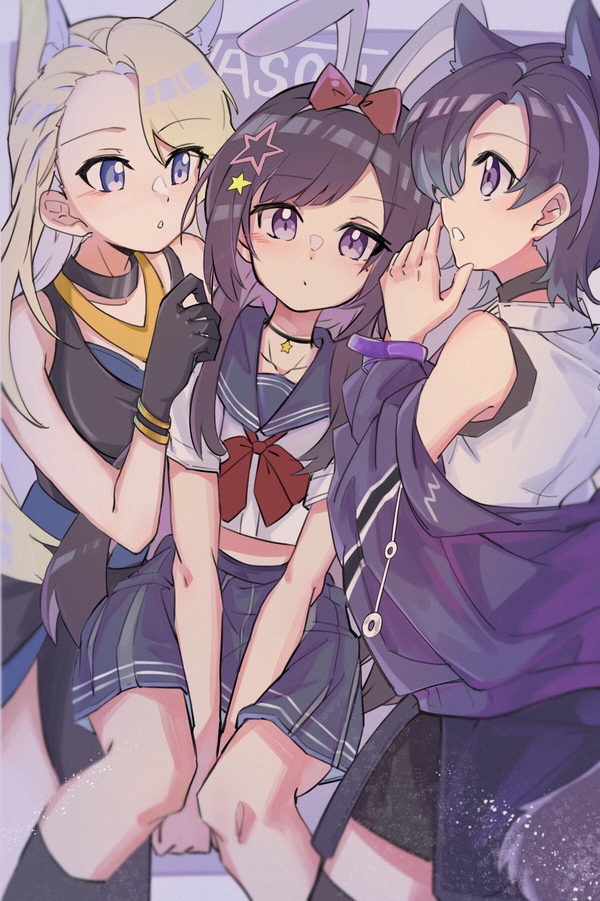 Three anime girls in school uniforms with animal ears HD Phone Wallpaper