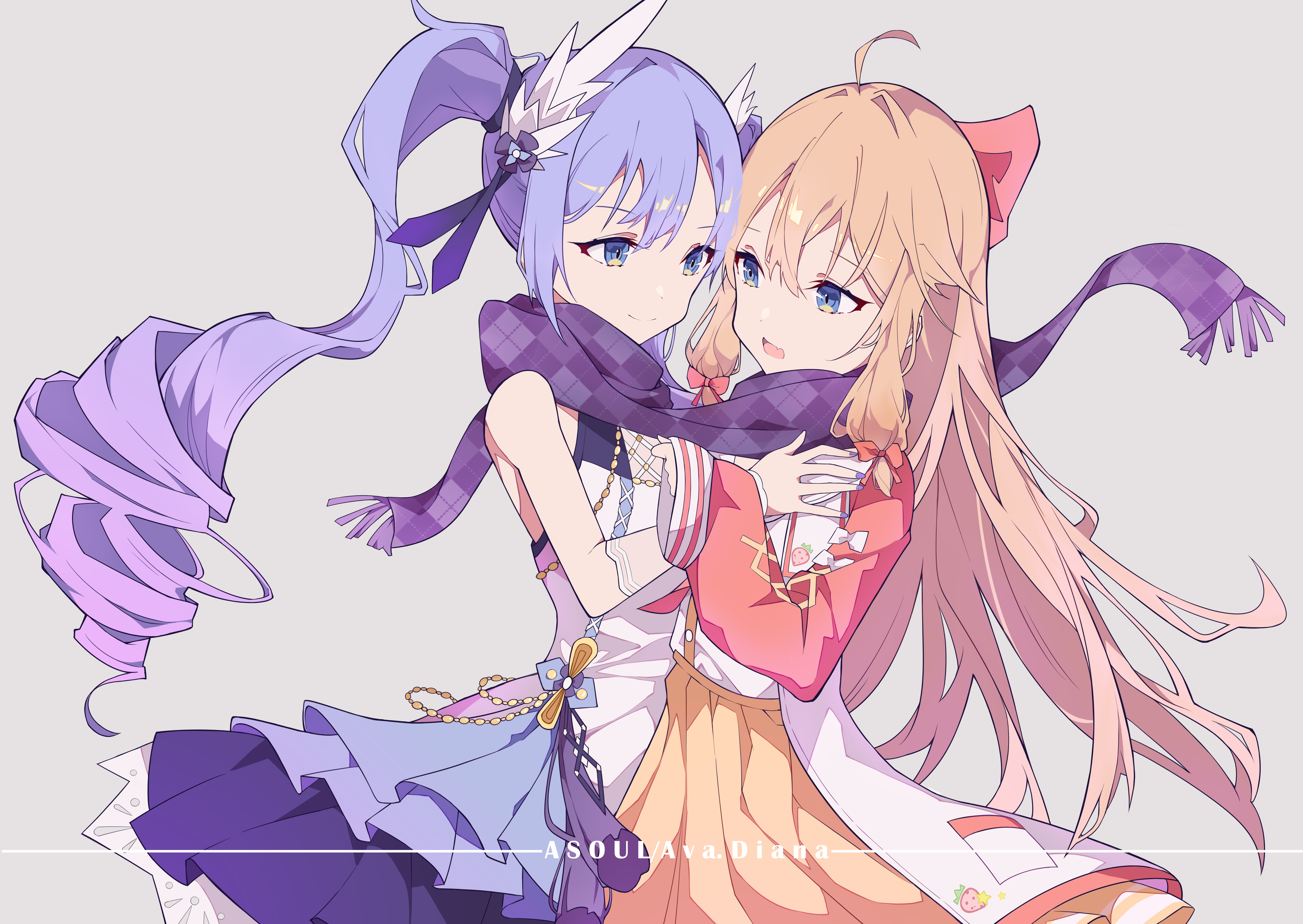 4K anime girls with purple and blonde hair HD Wallpaper