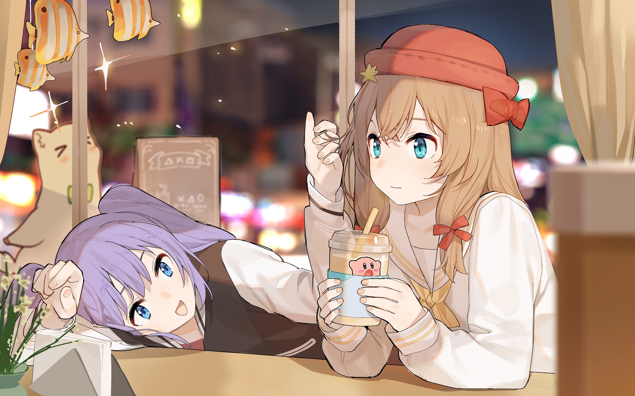 Two anime girls in a cafe at night HD Wallpaper