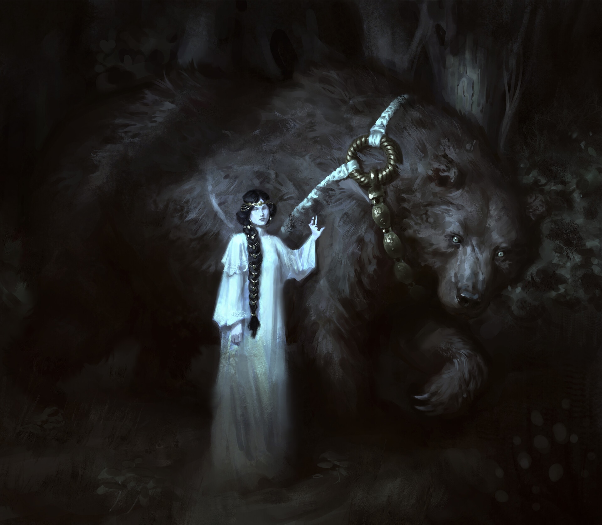 Fantasy girl with a bear in a dark forest HD Wallpaper